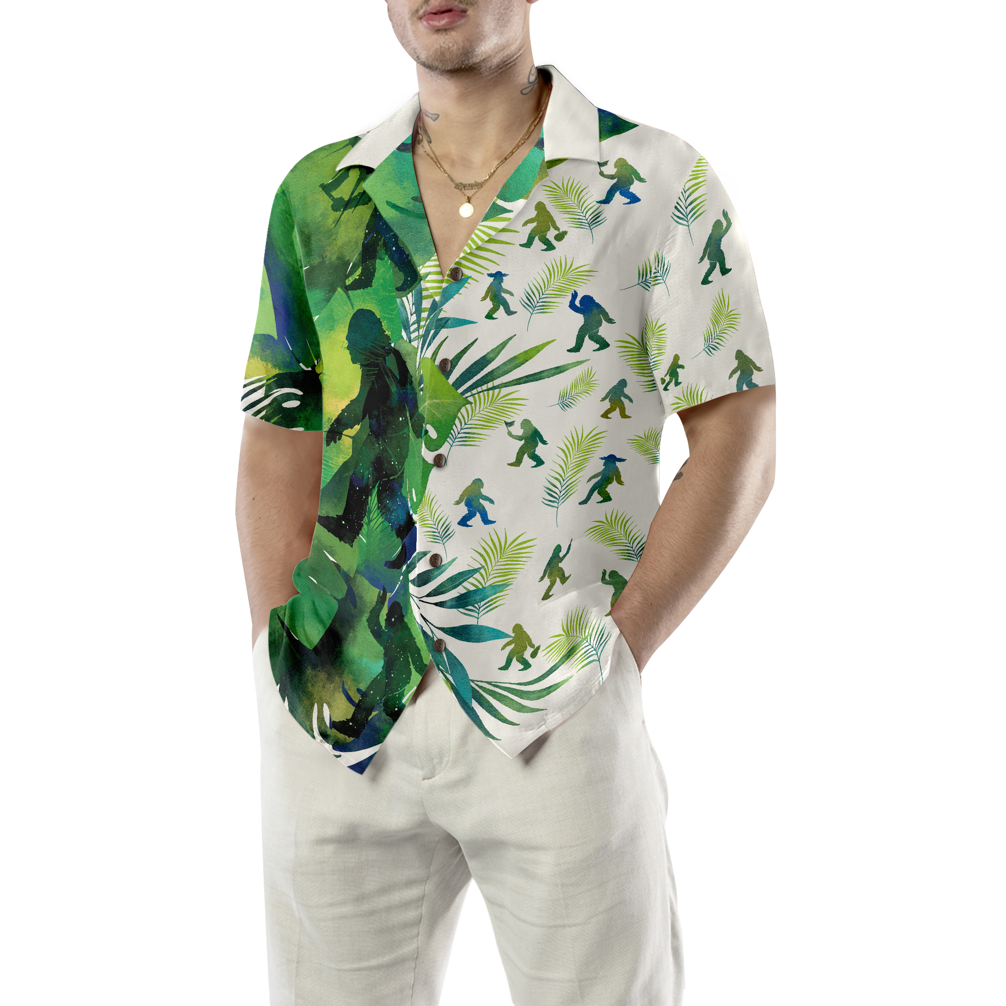 Bigfoot Silhouettes in Tropical Hawaiian Shirts for Men, Green Sasquatch Shirts - Hyperfavor