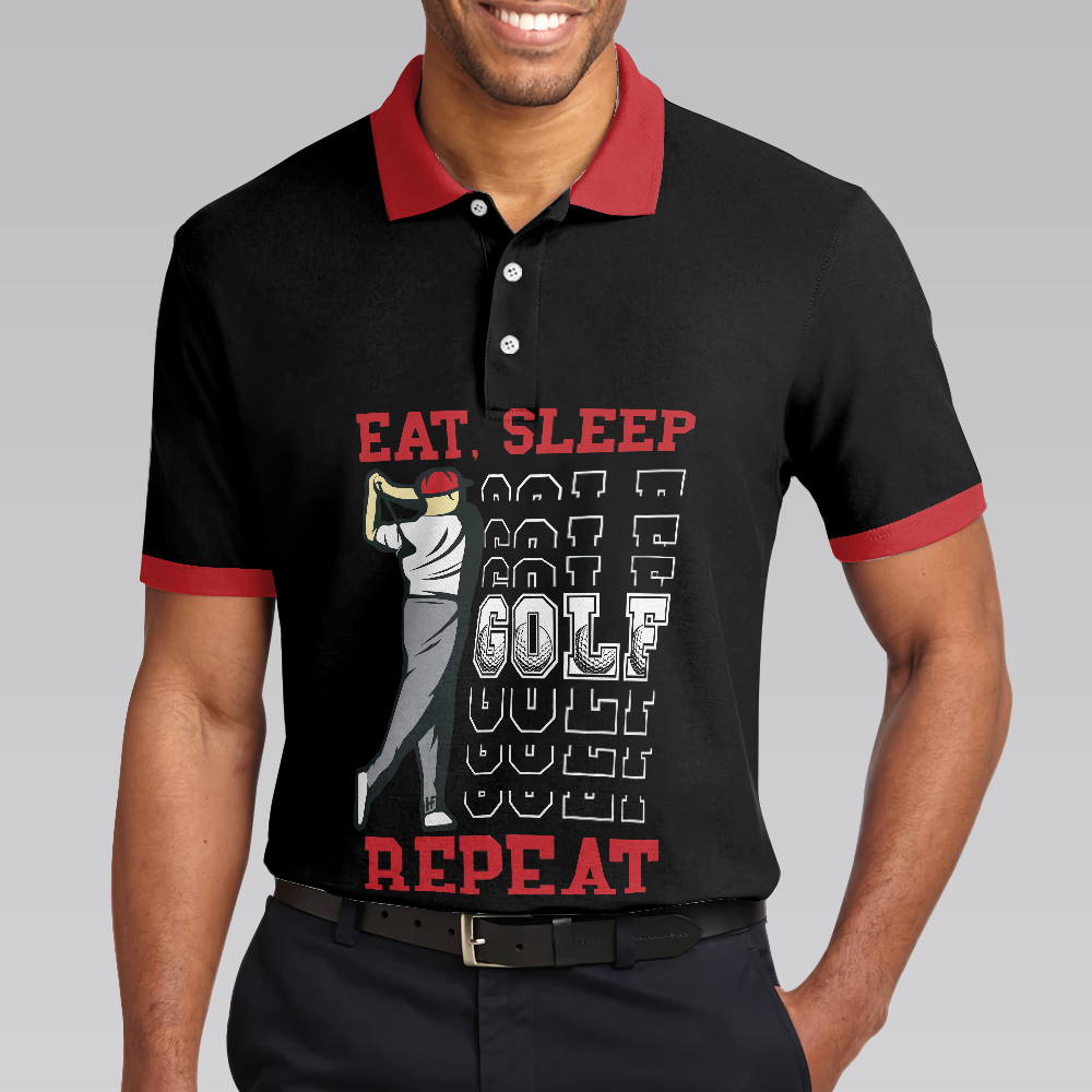 Eat Sleep Golf Repeat Polo Shirt, Short Sleeve Sporty Golfing Polo Shirt, Best Golf Shirt For Men - Hyperfavor