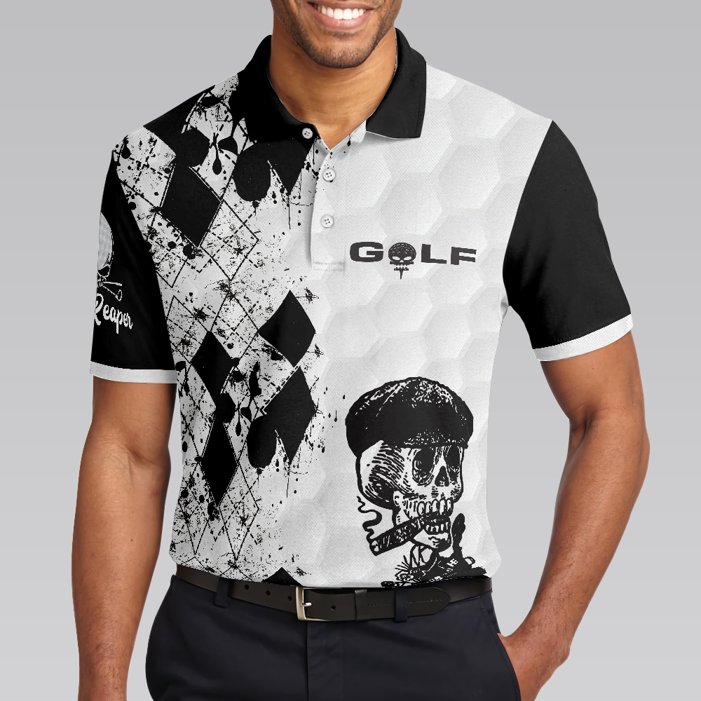 Skull Golf Reaper Polo Shirt, Black And White Argyle Pattern Polo Shirt, Best Golf Shirt For Men - Hyperfavor