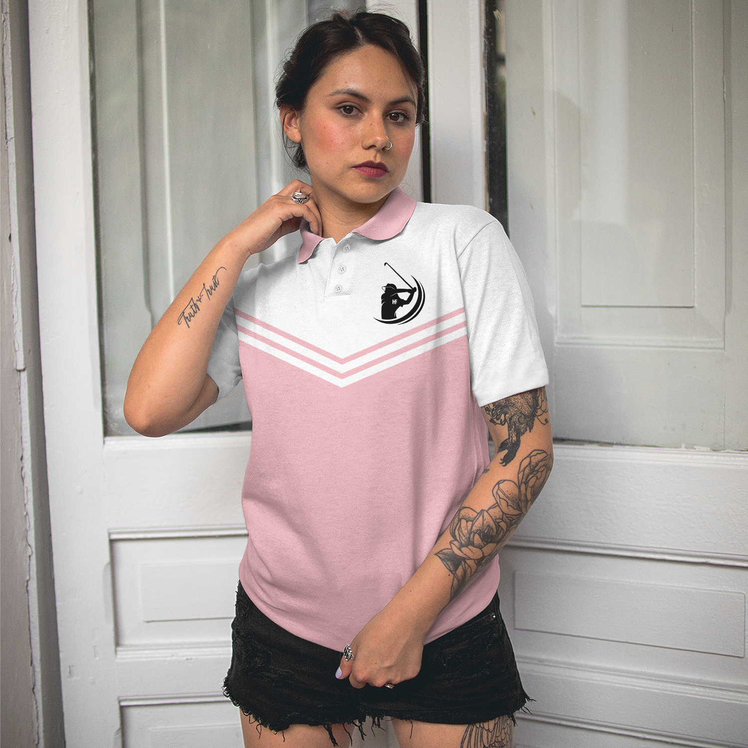 Golfing Forever Housework Whenever Pink Golf Short Sleeve Women Polo Shirt, White And Light Pink Golf Shirt For Ladies - Hyperfavor