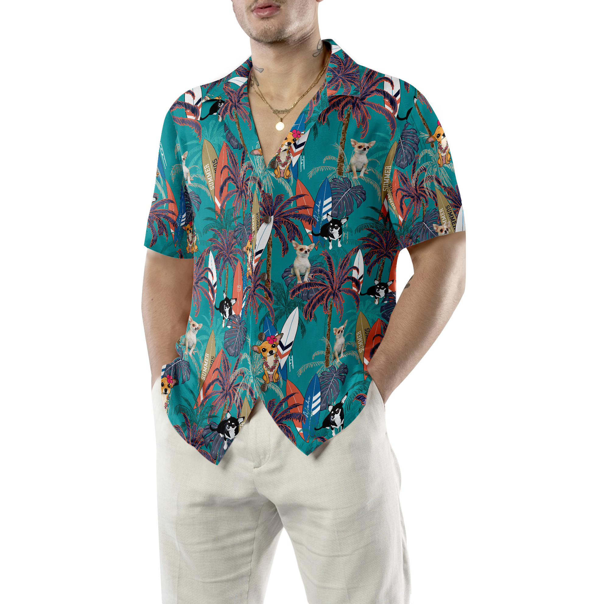 Chihuahua Surfboard And Palm Tree Hawaiian Shirt - Hyperfavor