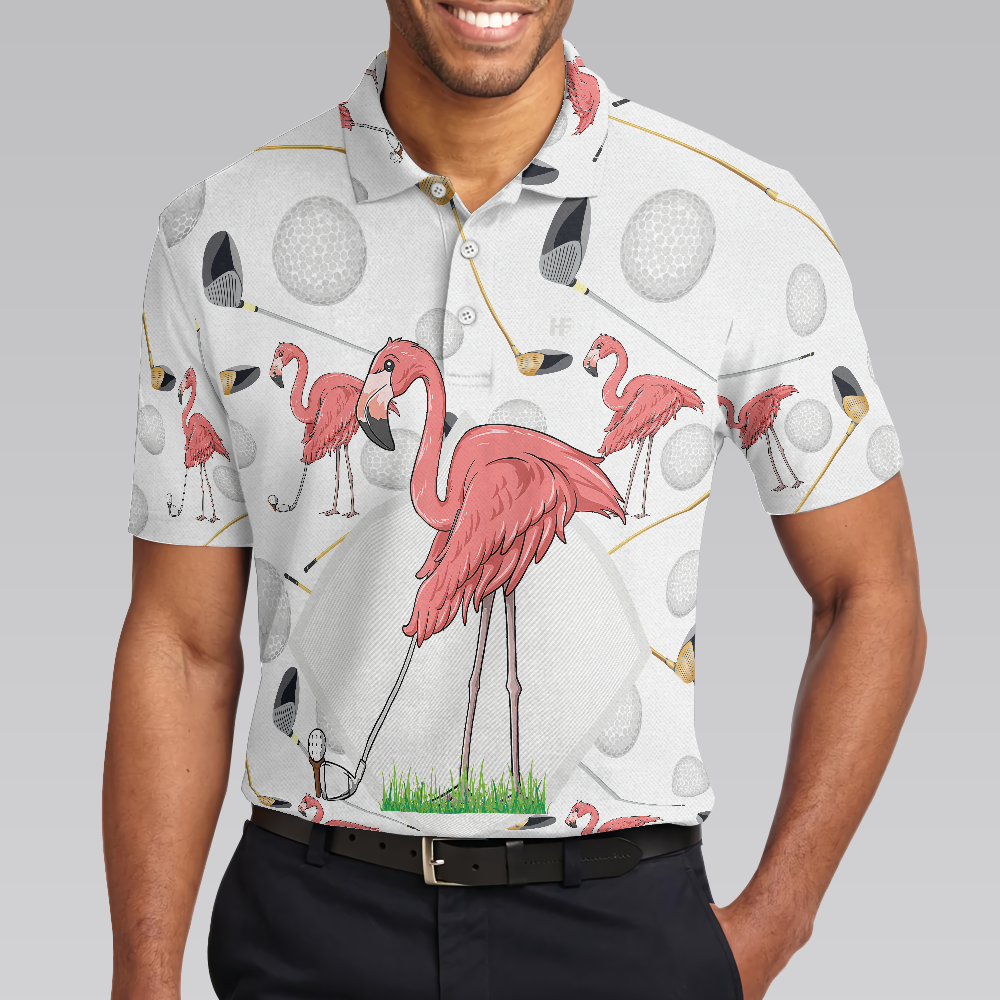 Flamingo Golfer Polo Shirt, Pink Flamingo Golf Polo Shirt, Flamingo Themed Short Sleeve Shirt For Golfers - Hyperfavor