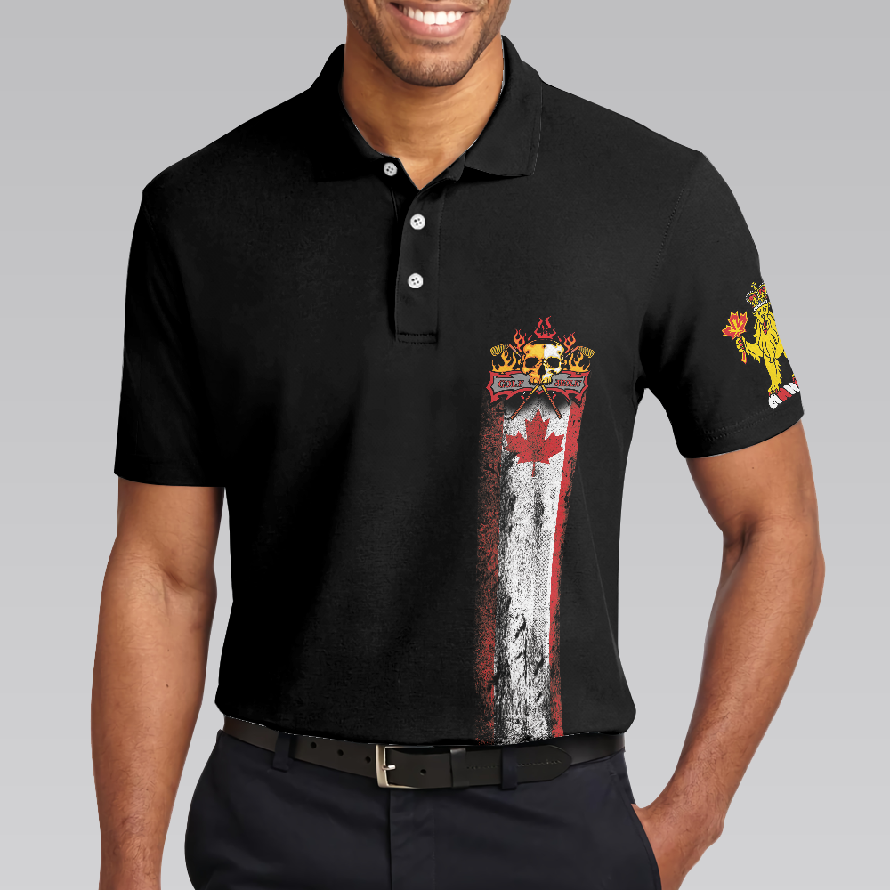 Golf Skull Canada Flag Short Sleeve Polo Shirt, Black Wet Paint Skull Polo Shirt, Canadian Golf Shirt For Men - Hyperfavor