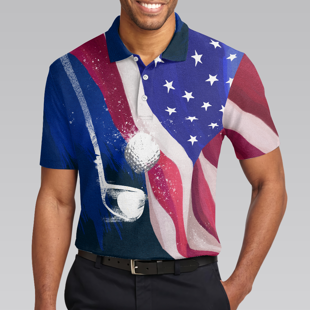 Watercolor Golf American Flag Men Polo Shirt - Hyperfavor