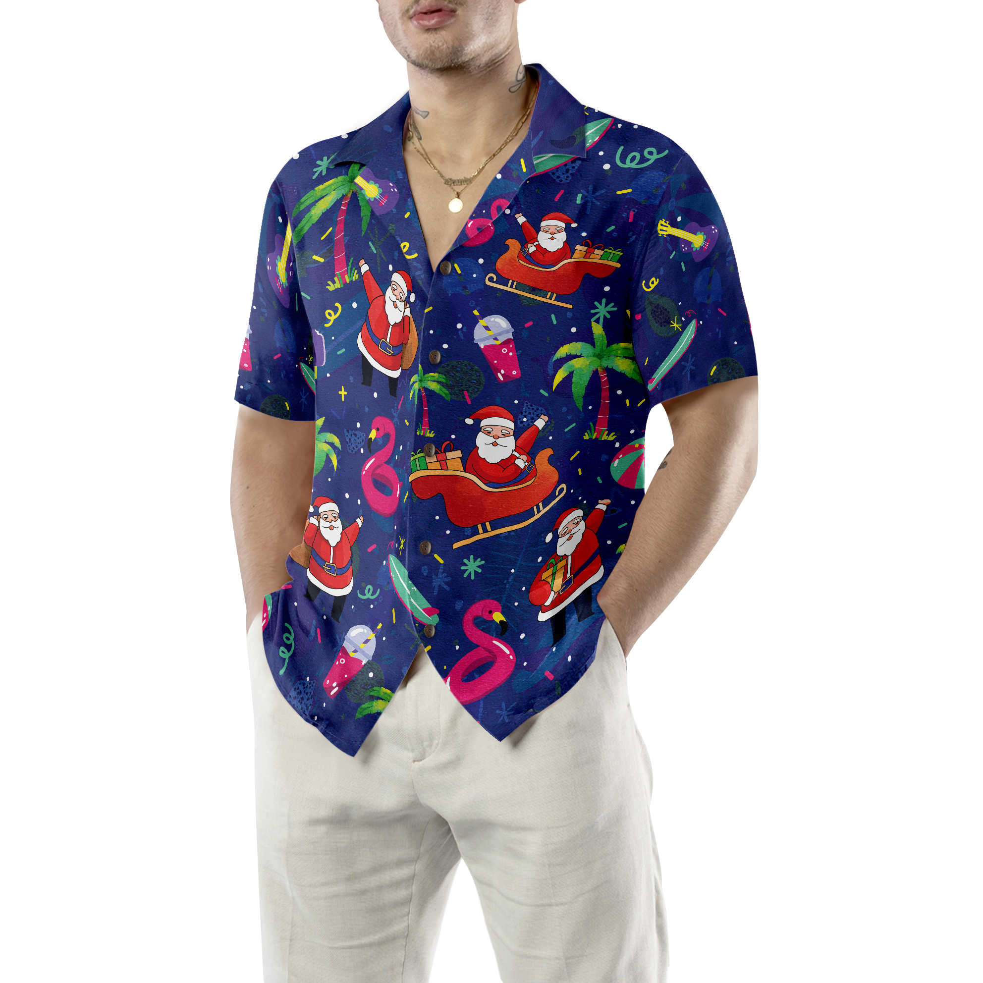 Hyperfavor Christmas Hawaiian Shirts, Santa Flamingo Tropical Pattern Shirt Short Sleeve, Christmas Shirt Idea Gift For Men And Women - Hyperfavor