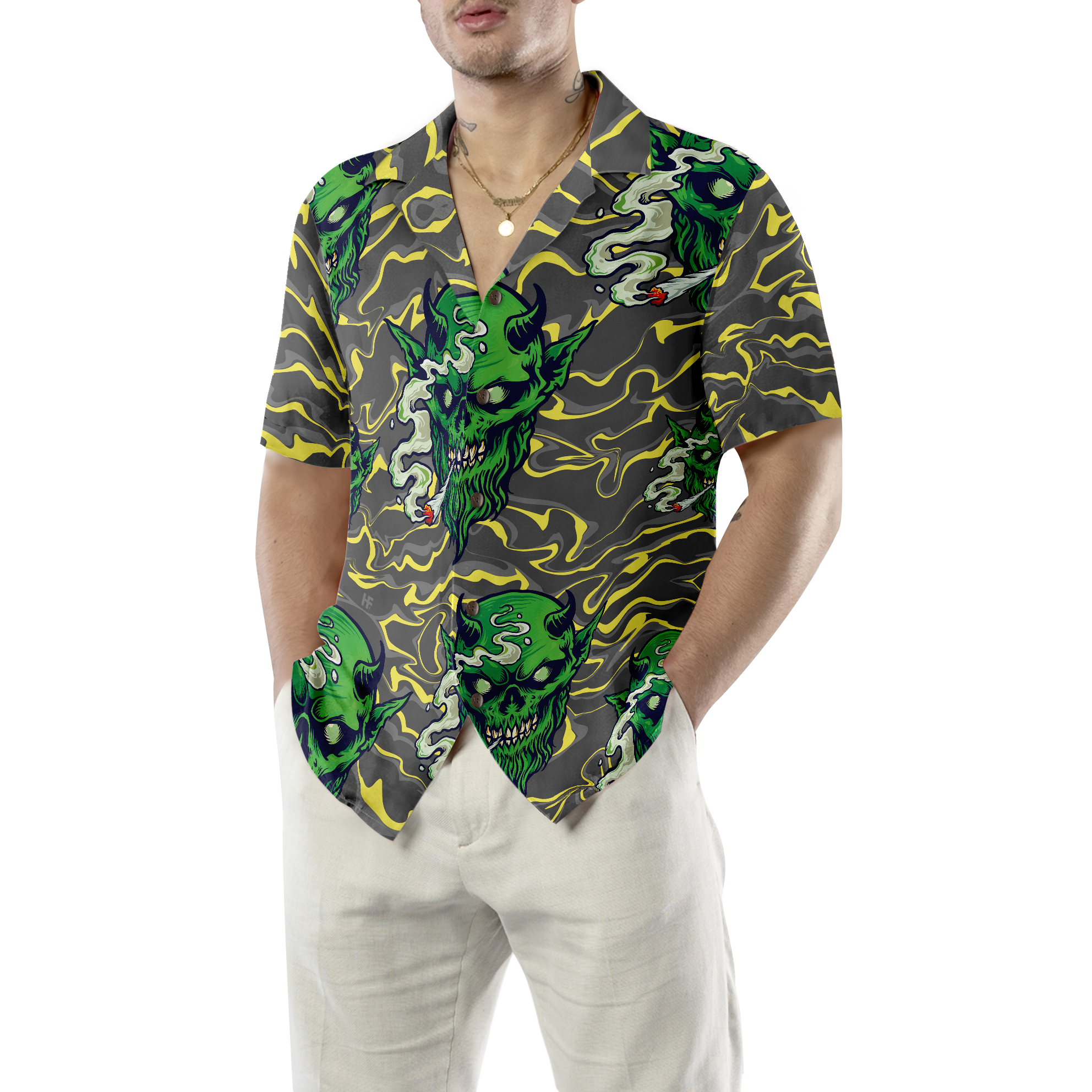 Gothic Satan Smokes Green Thing Hawaiian Shirt, Goth Hawaiian Shirt For Men And Women - Hyperfavor