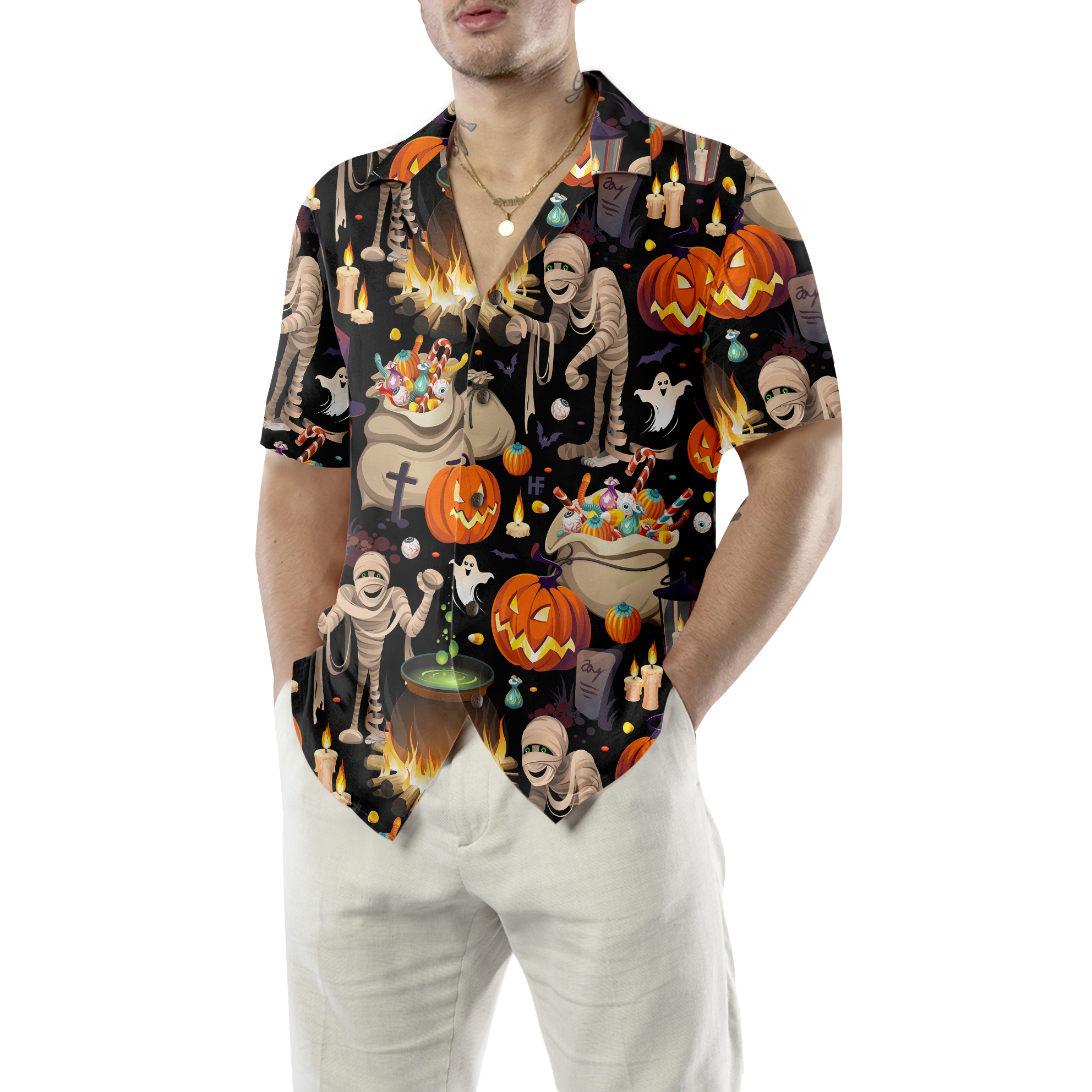 Halloween Mummy And Bags Of Sweets Hawaiian Shirt - Hyperfavor