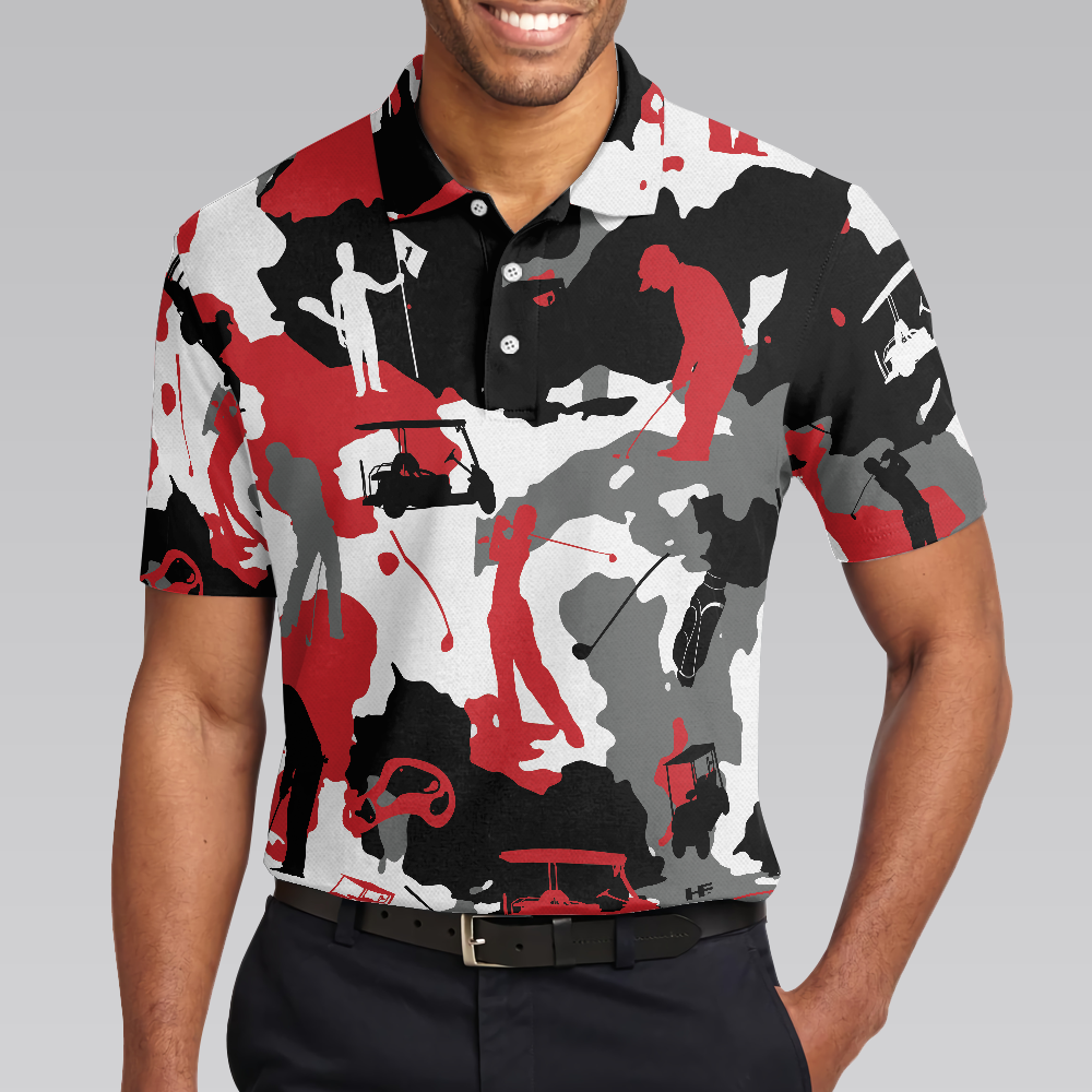 Red And White Camouflage Golf Short Sleeve Polo Shirt, Golfer Silhouette Polo Shirt, Camo Golf Shirt For Men - Hyperfavor