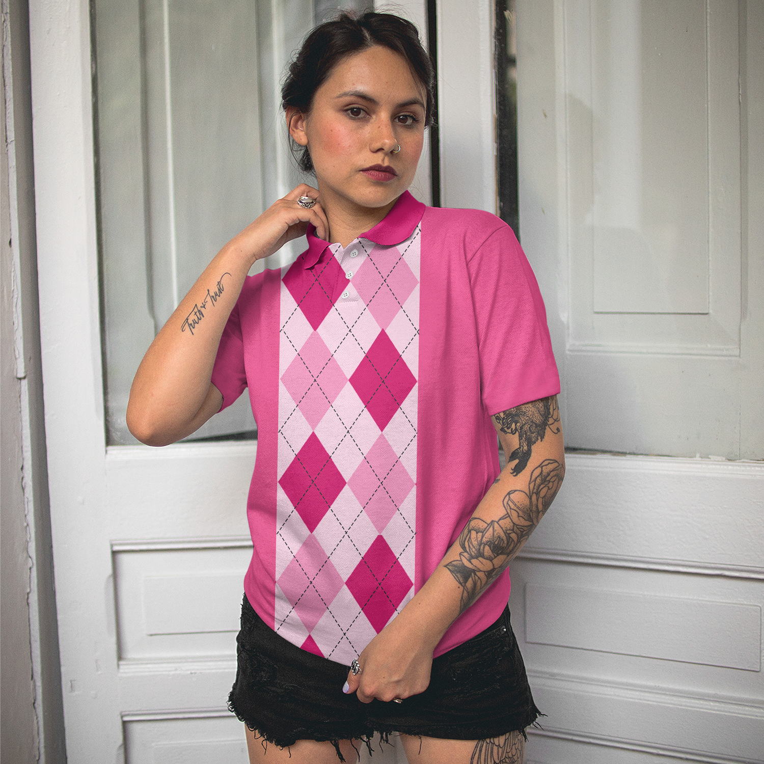 Anytime Is A Good Time For Golf Short Sleeve Women Polo Shirt, Pink Argyle Pattern Golf Shirt For Female Golfers - Hyperfavor