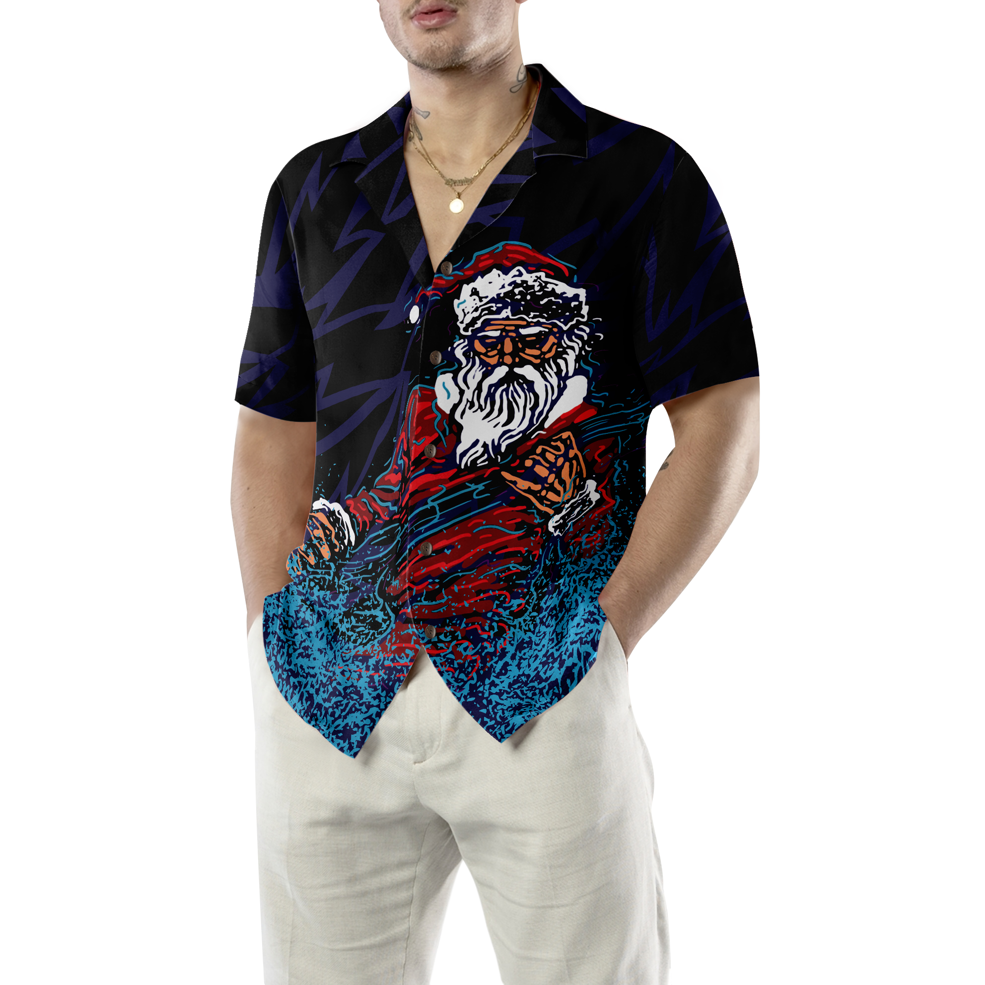 Hawaiian Shirts, Rock Santa Shirt Short Sleeve, Christmas Shirt Idea Gift For Men and Women - Hyperfavor