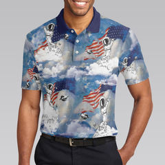 Astronaut Plays Golf In Space American Flag Polo Shirt, Cloud Golfing Polo Shirt, Best Golf Shirt For Men - Hyperfavor