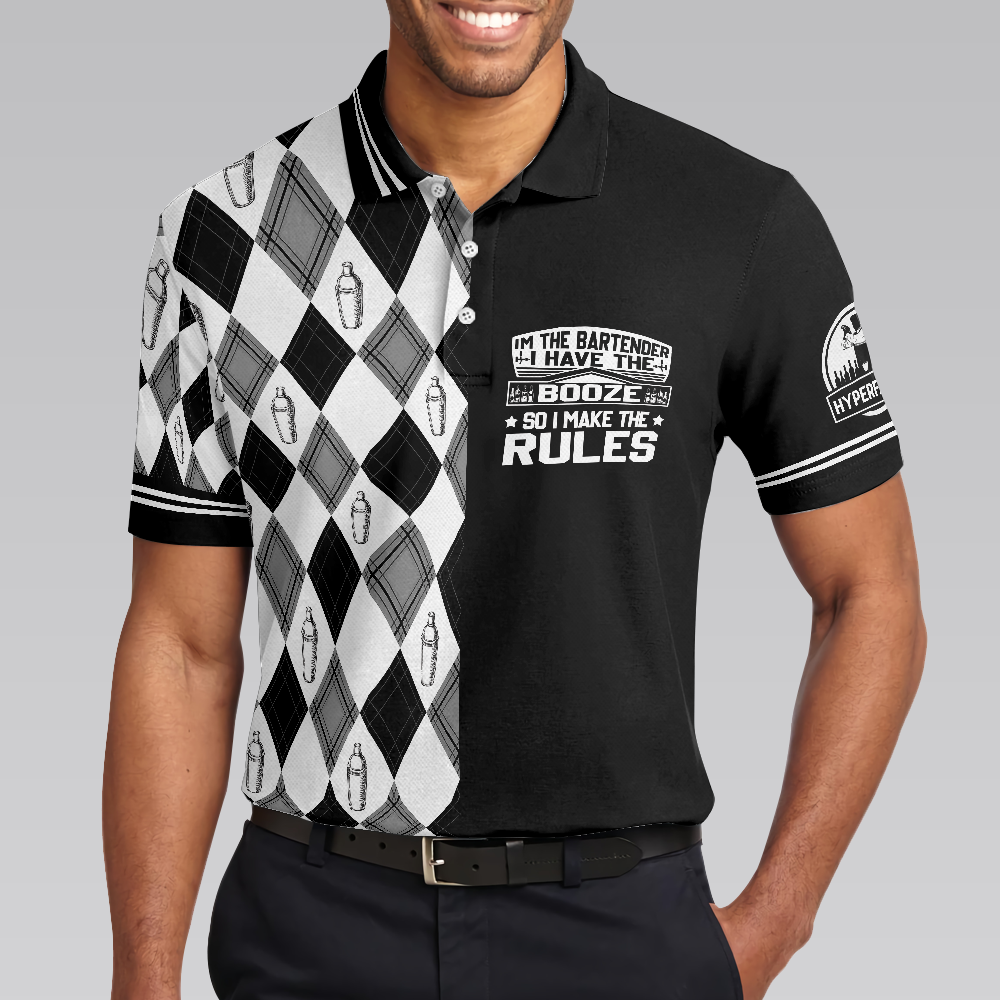 I'm The Bartender Polo Shirt, Black And White Argyle Pattern Polo Shirt, Best Bartender Shirt For Men - Hyperfavor