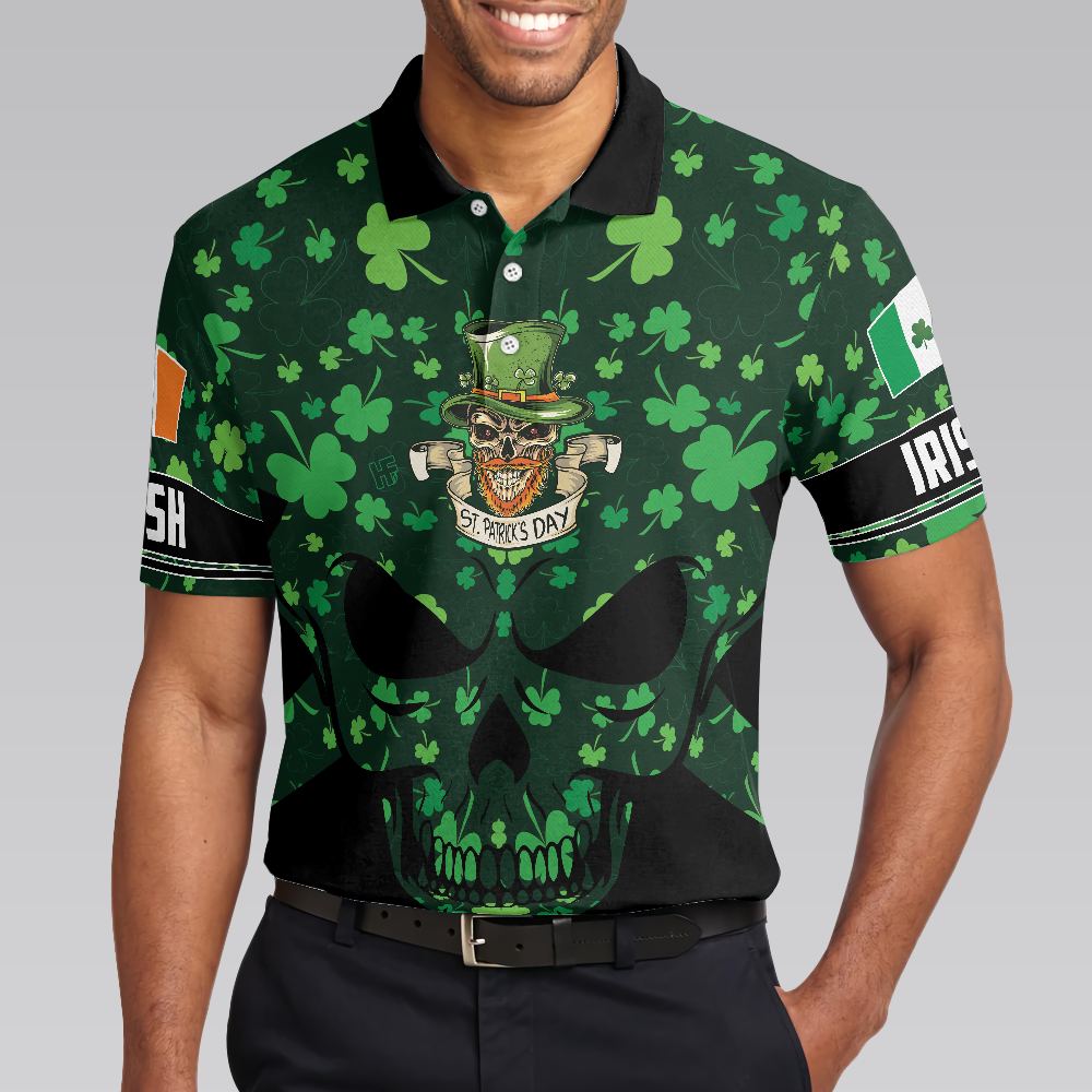 St Patrick’s Day Skull Polo Shirt, Cool Skull St Patrick's Day Polo Shirt, St Patrick Shirt For Men - Hyperfavor