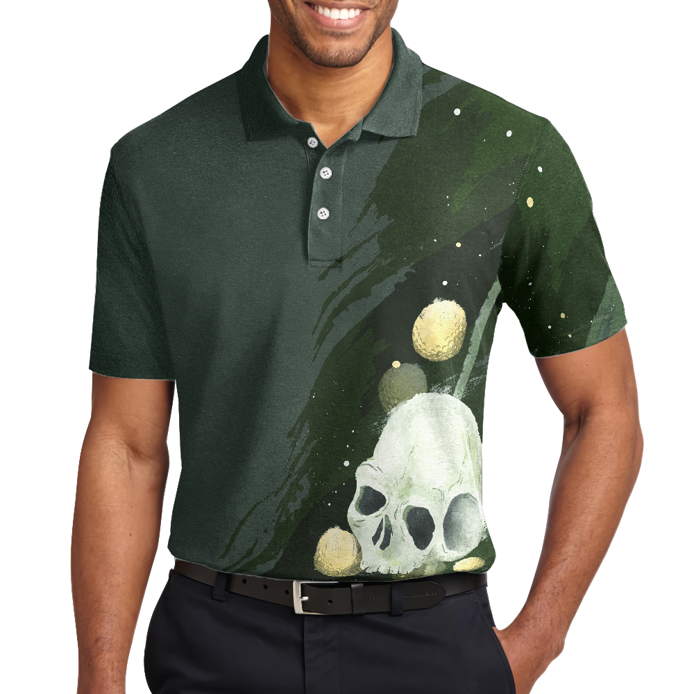 Water Color Golf Skull with Golf Ball Short Sleeve Polo Shirt, Dark Green Golf Shirt For Men - Hyperfavor