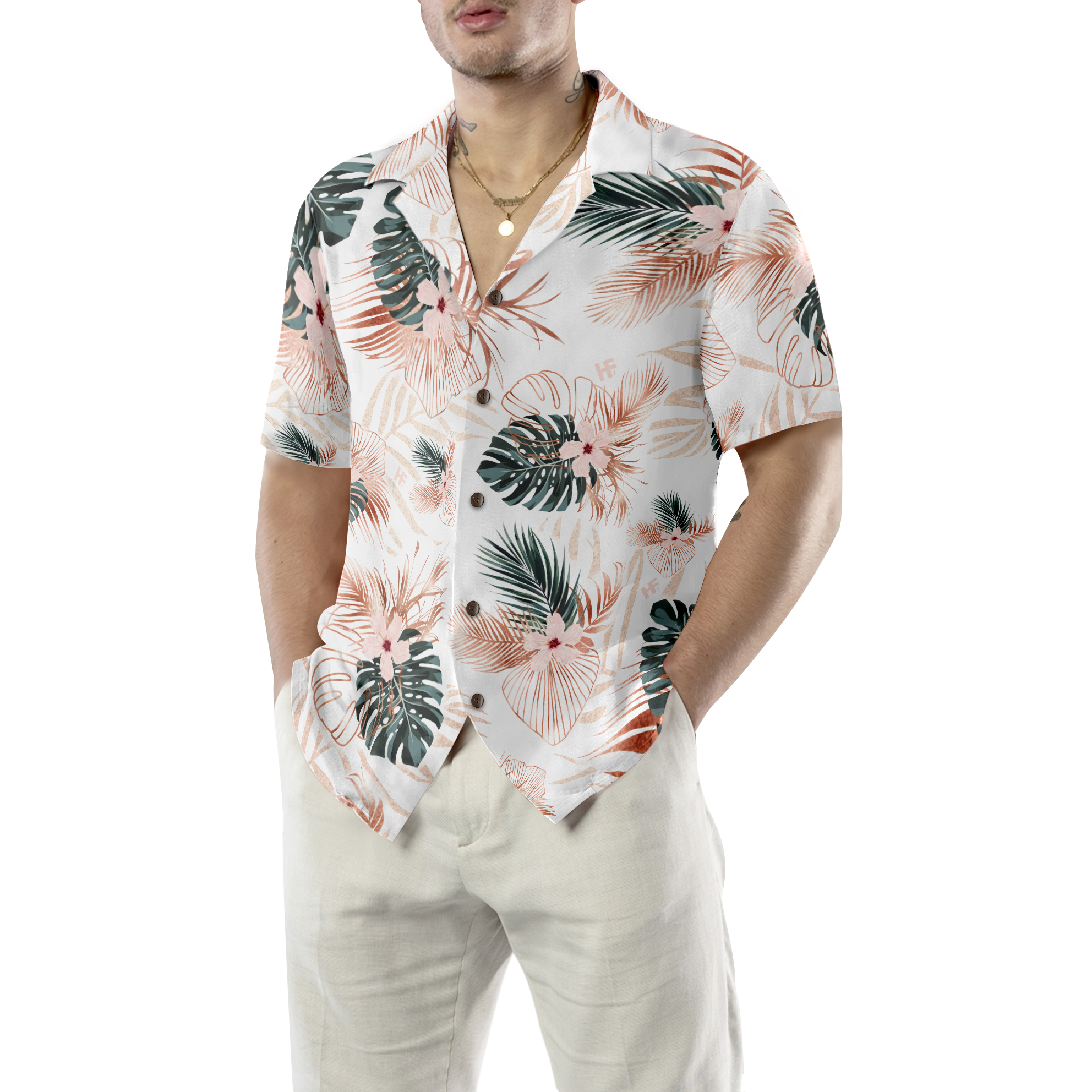 Rose Gold Tropical Palm Leaves Hawaiian Shirt - Hyperfavor