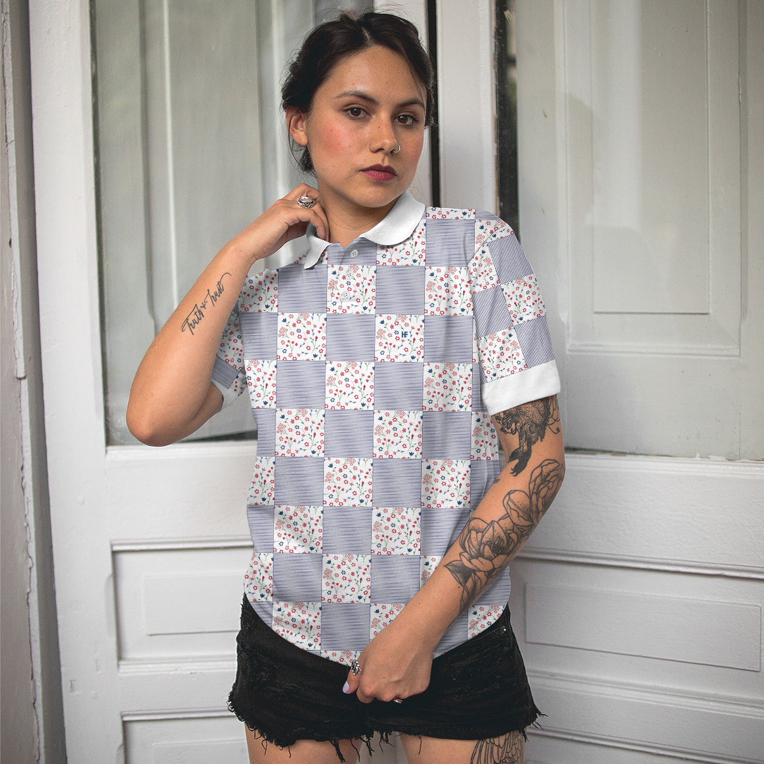 Little Flowers Blue Pink Plaid Short Sleeve Women Polo Shirt - Hyperfavor