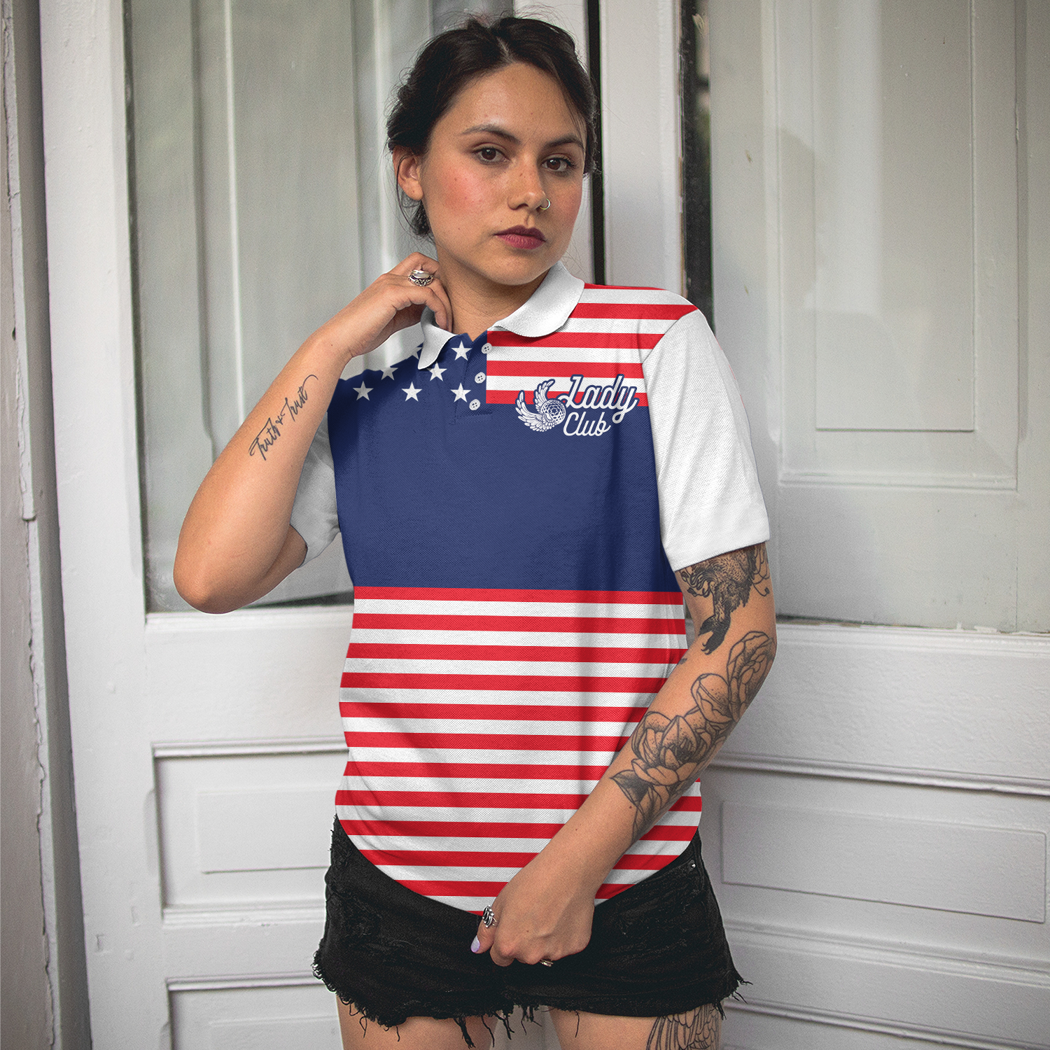 Lady Squad America Flag Golf Shirt, Short Sleeve Women Polo Shirt - Hyperfavor