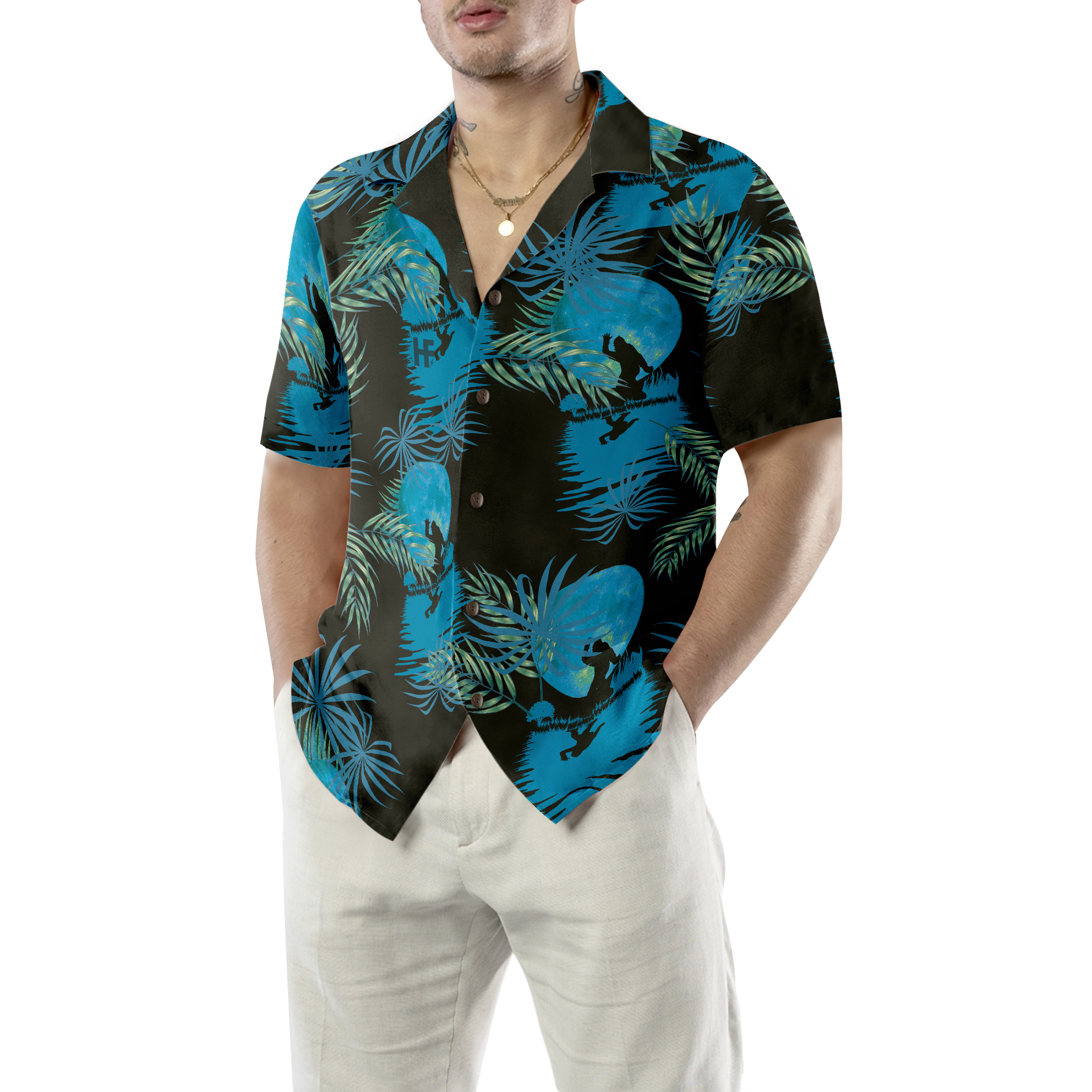 Bigfoot Tropical Blue Moon Bigfoot Hawaiian Shirt, Black And Blue Moonlight Bigfoot Shirt For Men - Hyperfavor