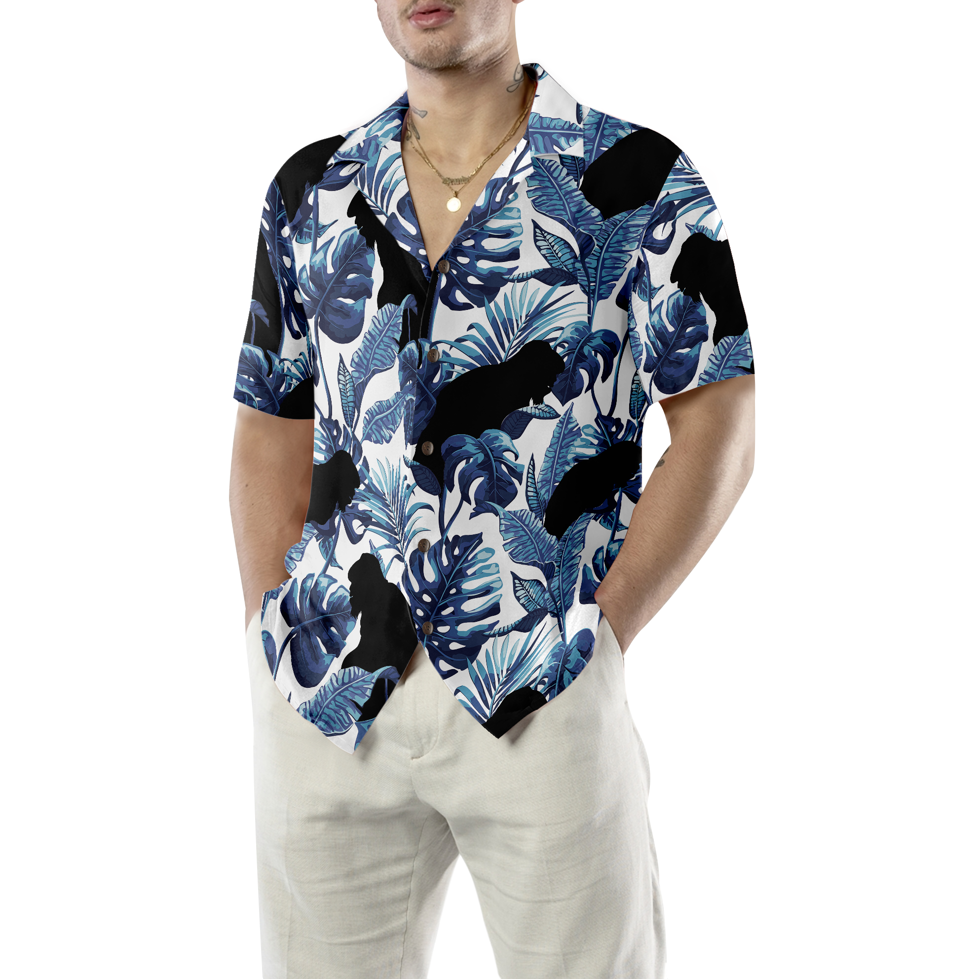 Bigfoot & The Blue Leaves Bigfoot Hawaiian Shirt, White And Navy Blue Tropical Floral Bigfoot Shirt For Men - Hyperfavor