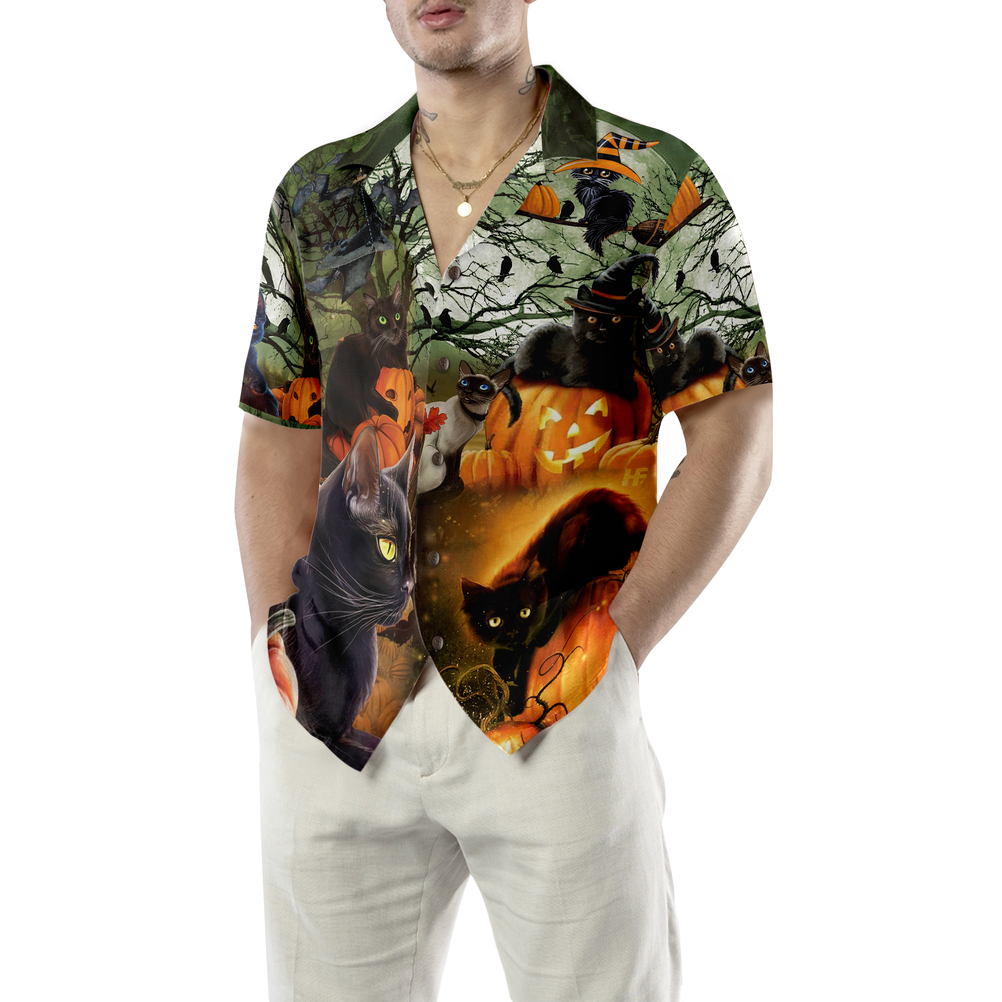 Black Cat & The Pumpkin Halloween Hawaiian Shirt, Halloween Shirt For Men And Women - Hyperfavor