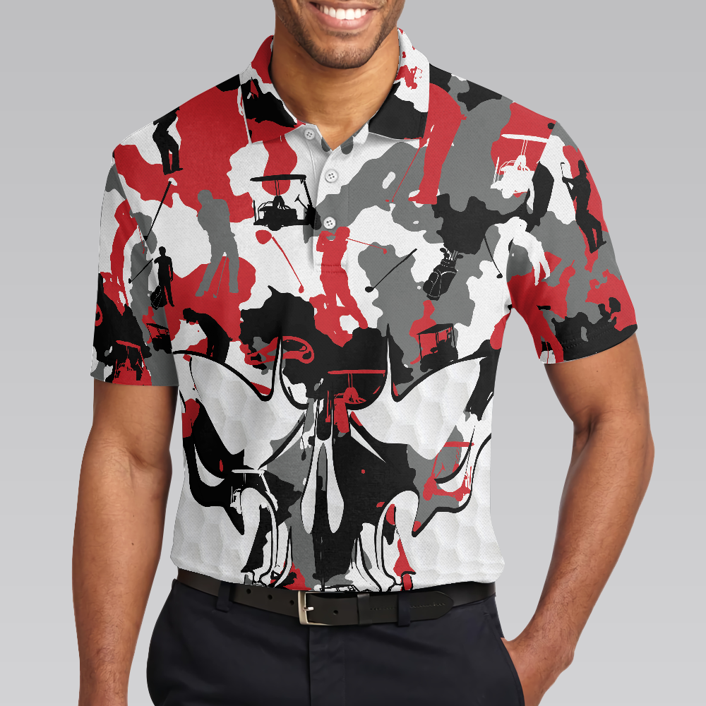 Red And White Camouflage Golf Set Skull Short Sleeve Polo Shirt, Camo Golf Shirt For Men - Hyperfavor