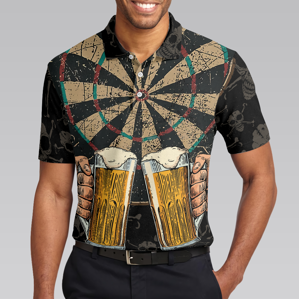 Darts And Beer That's Why I'm Here Short Sleeve Polo Shirt, Skull Darts Print Shirt For Men - Hyperfavor