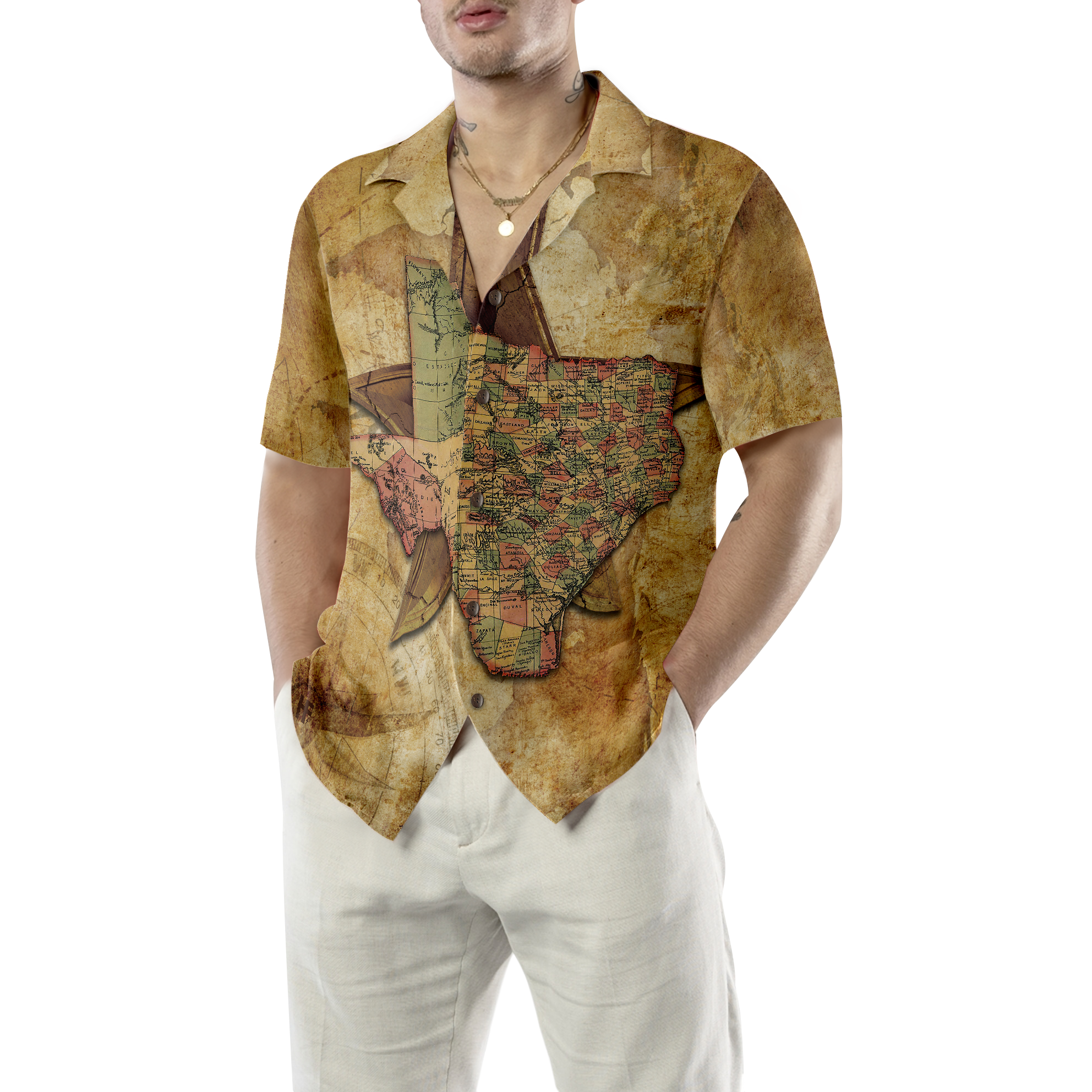 Texas State Map And Compass Pattern Hawaiian Shirt, Insignia State Of Texas Shirt, Texas Shirt For Men - Hyperfavor