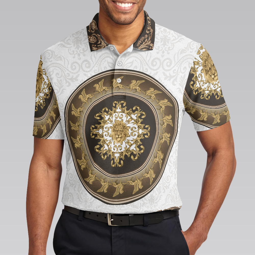 Lion Of Saint Mark Vintage Style Polo Shirt, Luxury Golden Baroque Pattern Polo Shirt For Men - Hyperfavor