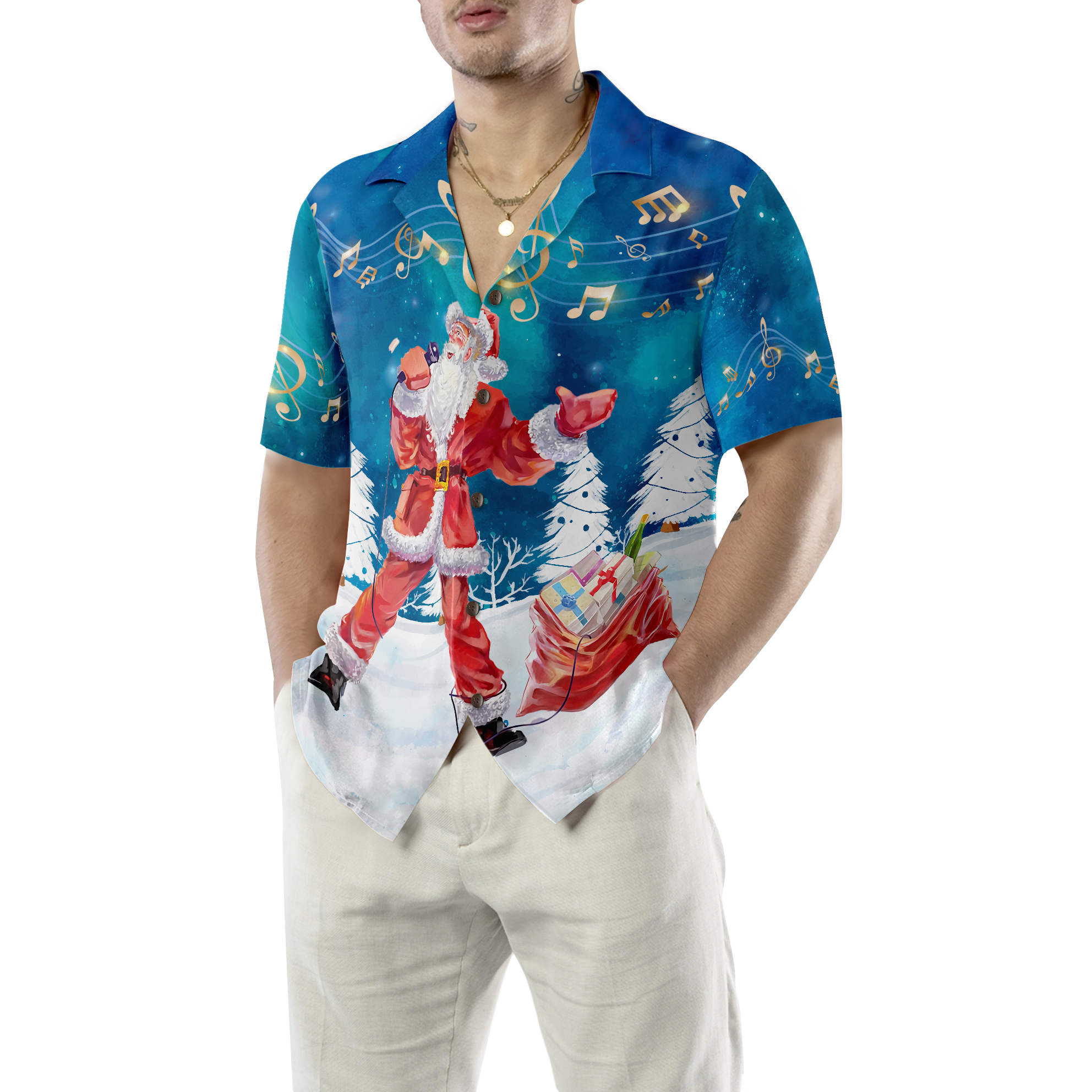 Hyperfavor Christmas Hawaiian Shirts For Men and Women, Santa Sing Music Hawaiian Shirt Button Down Shirt Short Sleeve - Hyperfavor