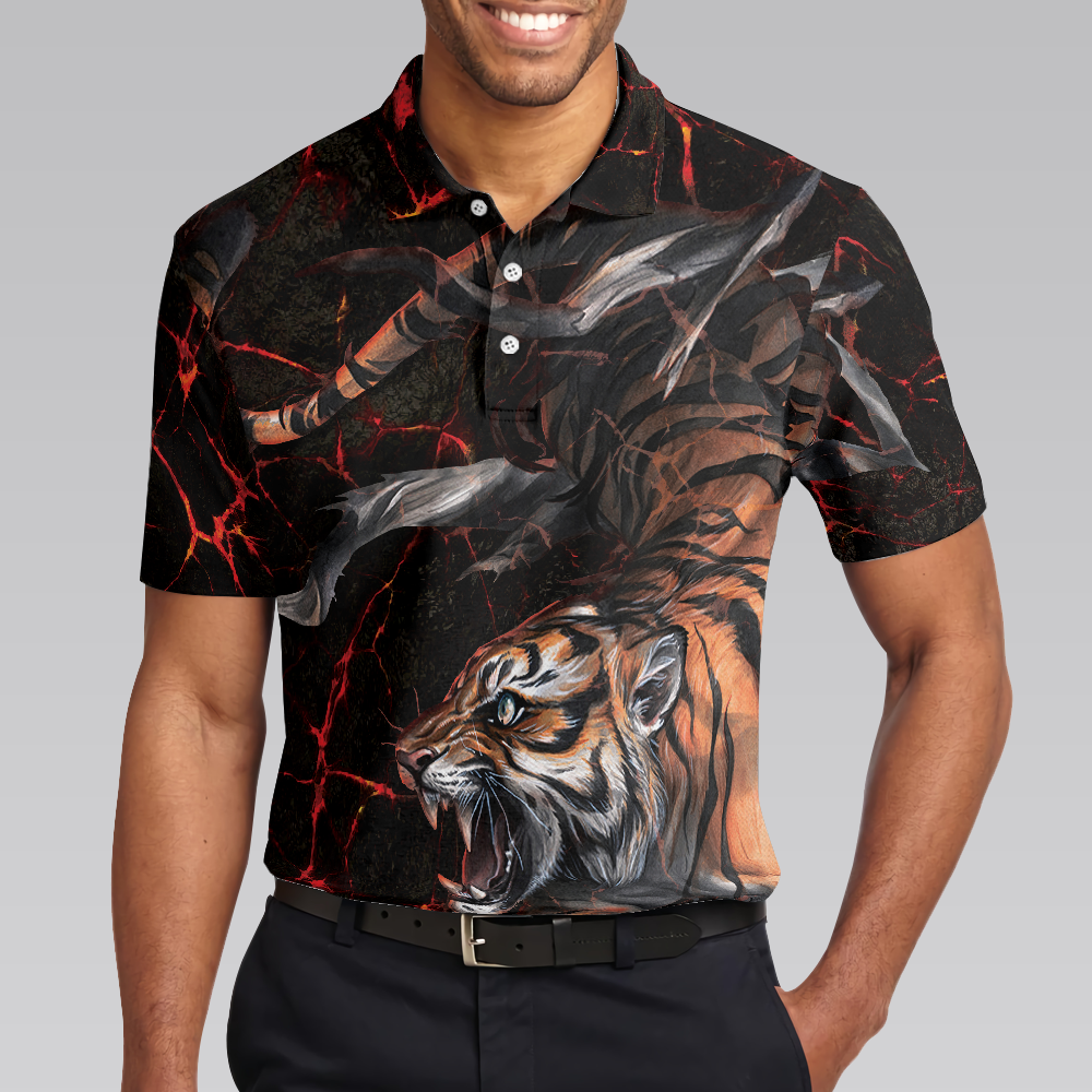 Tiger In The Dark Polo Shirt, Cool Tiger Polo Shirt For Men, Short Sleeve Tiger Shirt Gift Idea - Hyperfavor