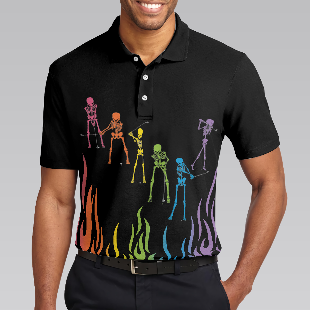 Skeleton Playing Golf Polo Shirt, Rainbow Pallette Fire Golfing Polo Shirt, Cool Golf Shirt For Men - Hyperfavor