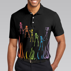 Skeleton Playing Golf Polo Shirt, Rainbow Pallette Fire Golfing Polo Shirt, Cool Golf Shirt For Men - Hyperfavor