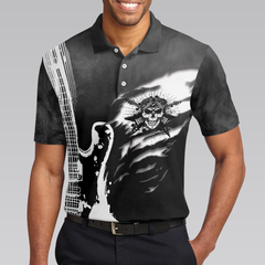 Guitar And Skull Short Sleeve Polo Shirt, Streetwear Polo Shirt, Black And White Guitar Shirt For Men - Hyperfavor