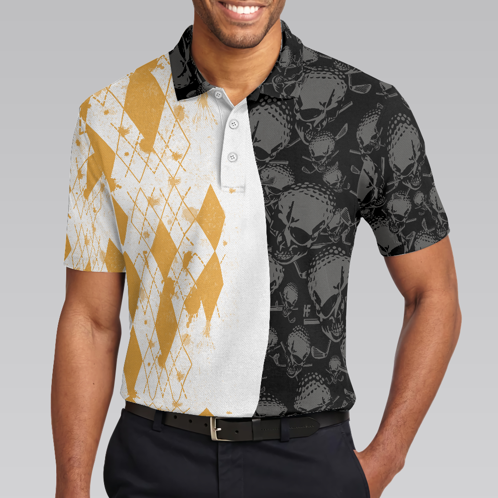 Grip It Rip It Sip It Golf V2 Polo Shirt, Yellow Argyle Pattern Golf Shirt, Skull Golf Shirt Design - Hyperfavor