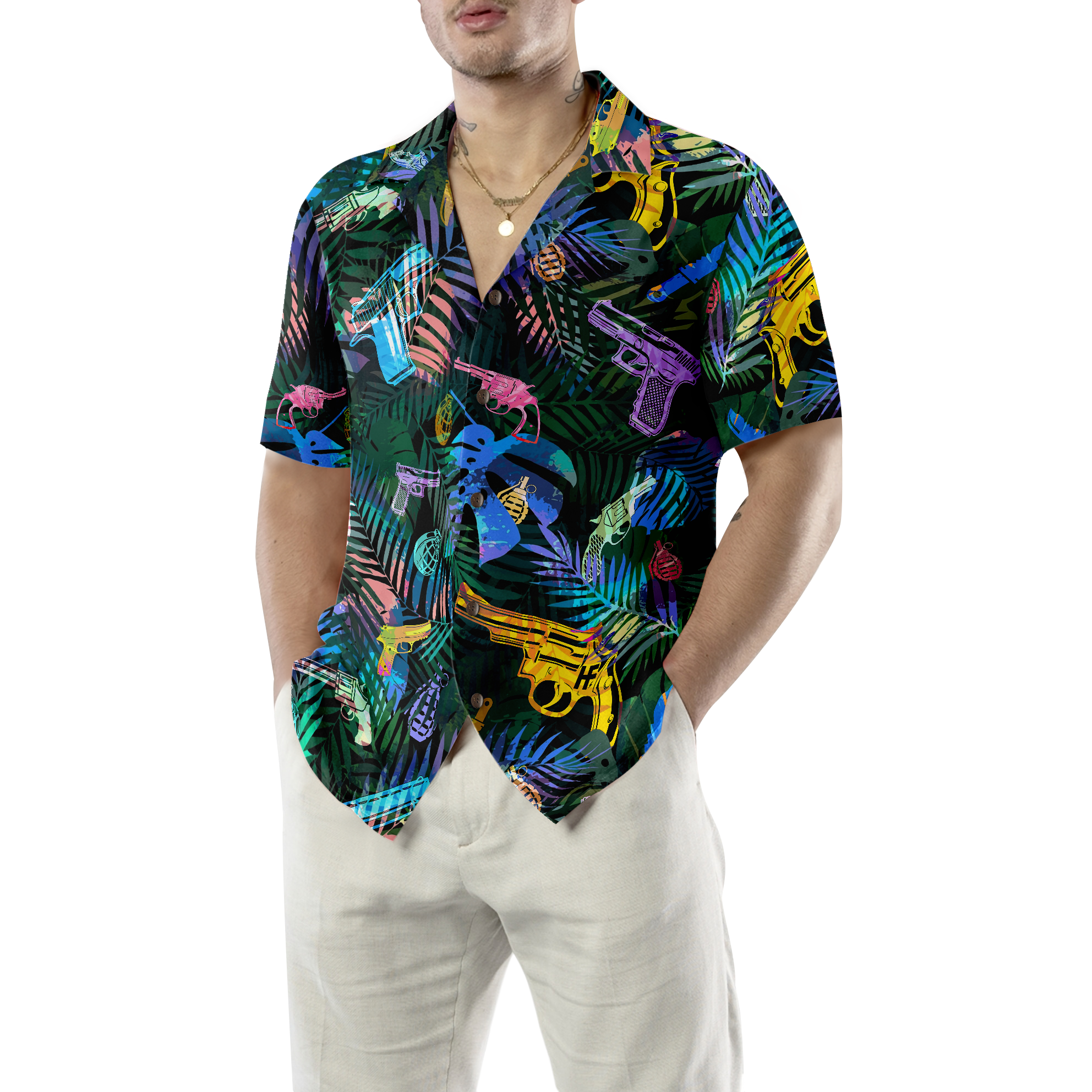 Tropical Gun Lover Pattern Hawaiian Shirt - Hyperfavor