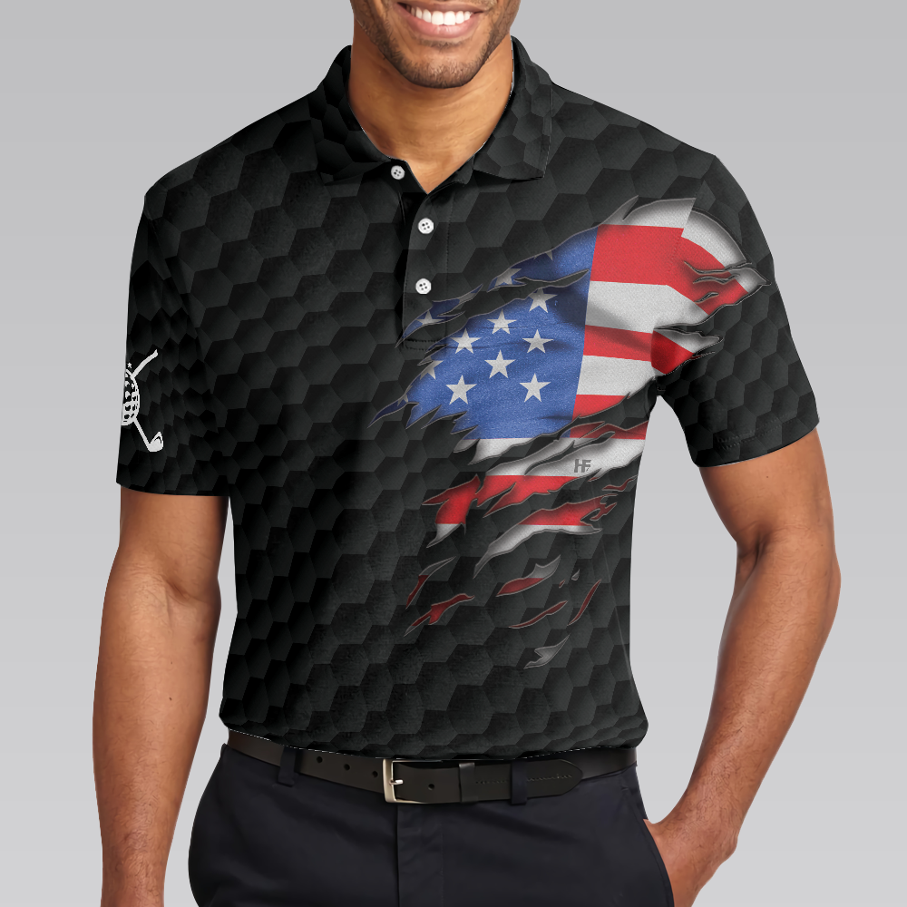 American Flag Teared Golf Pattern Golf Polo Shirt, Best Golfing Shirt Design For Patriotic Golfers - Hyperfavor