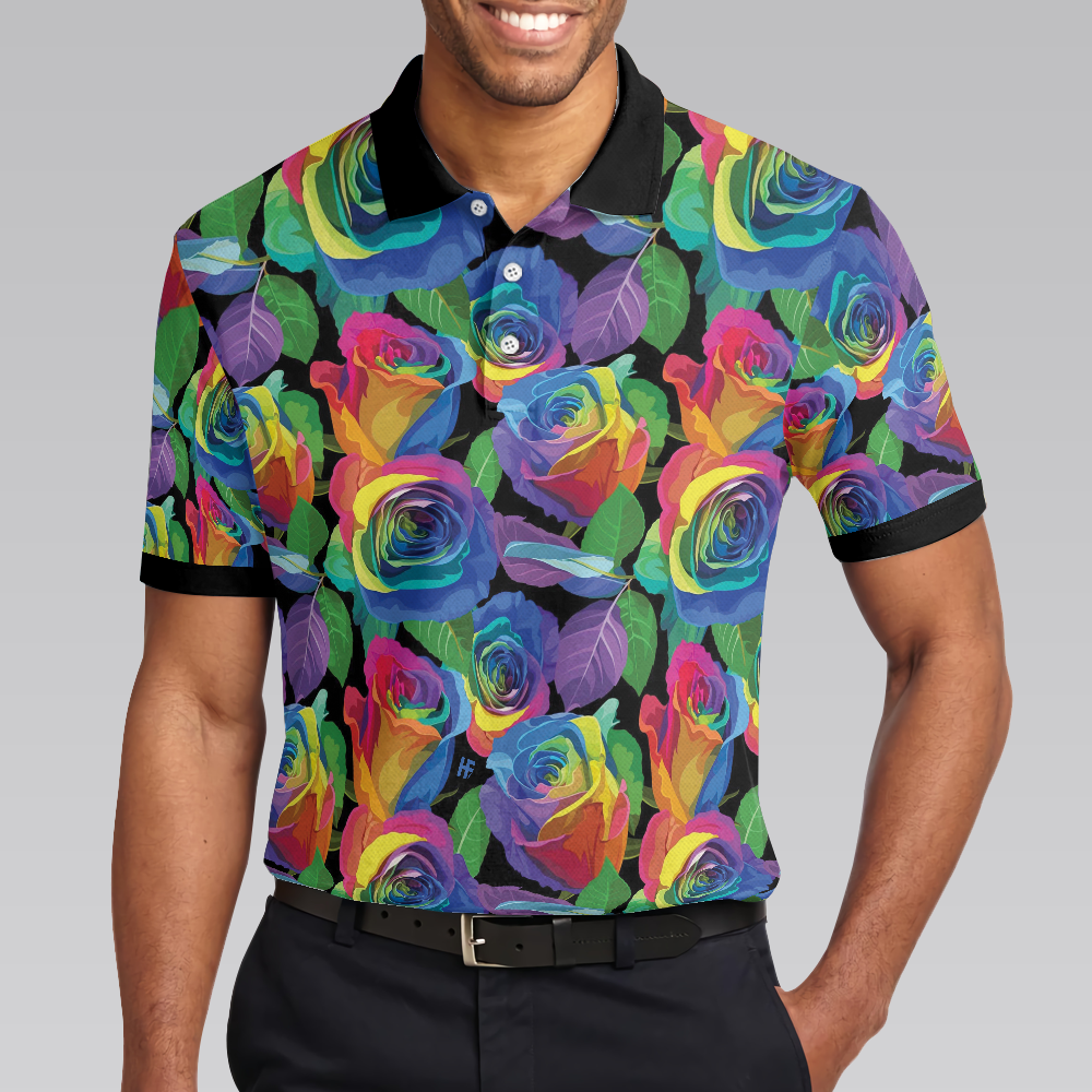 Rainbow Rose Polo Shirt, Colorful Roses Pattern Polo Shirt For Men - Hyperfavor