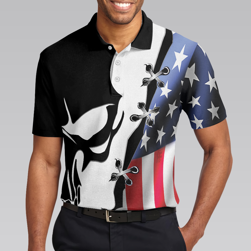 Black Skull Billiards Short Sleeve Polo Shirt, American Flag Polo Shirt, Best Billiards Shirt For Men - Hyperfavor