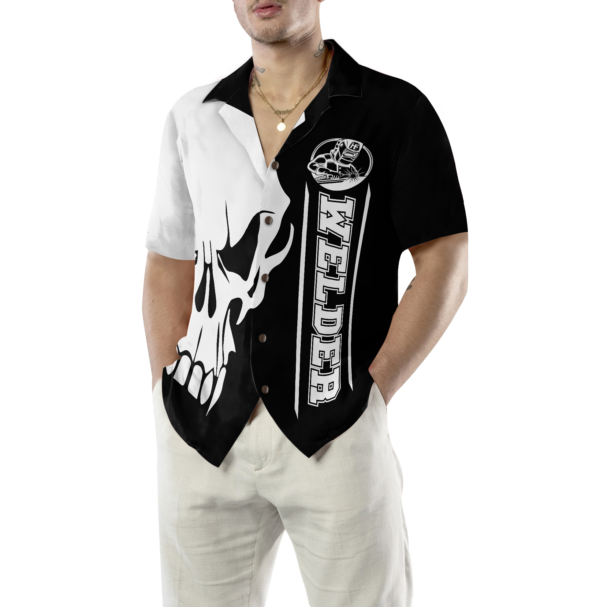 The Welder Skull Black White Hawaiian Shirt - Hyperfavor