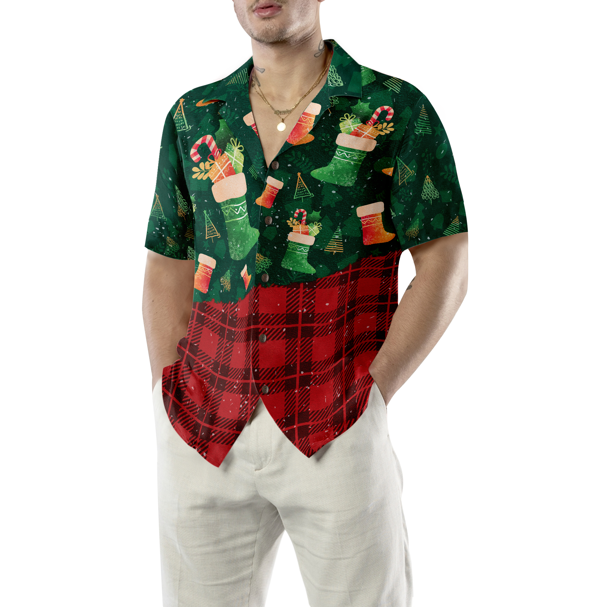 Hyperfavor Christmas Hawaiian Shirts For Men and Women, Christmas Socks Pattern Hawaiian Shirt Button Down Shirt Short Sleeve - Hyperfavor