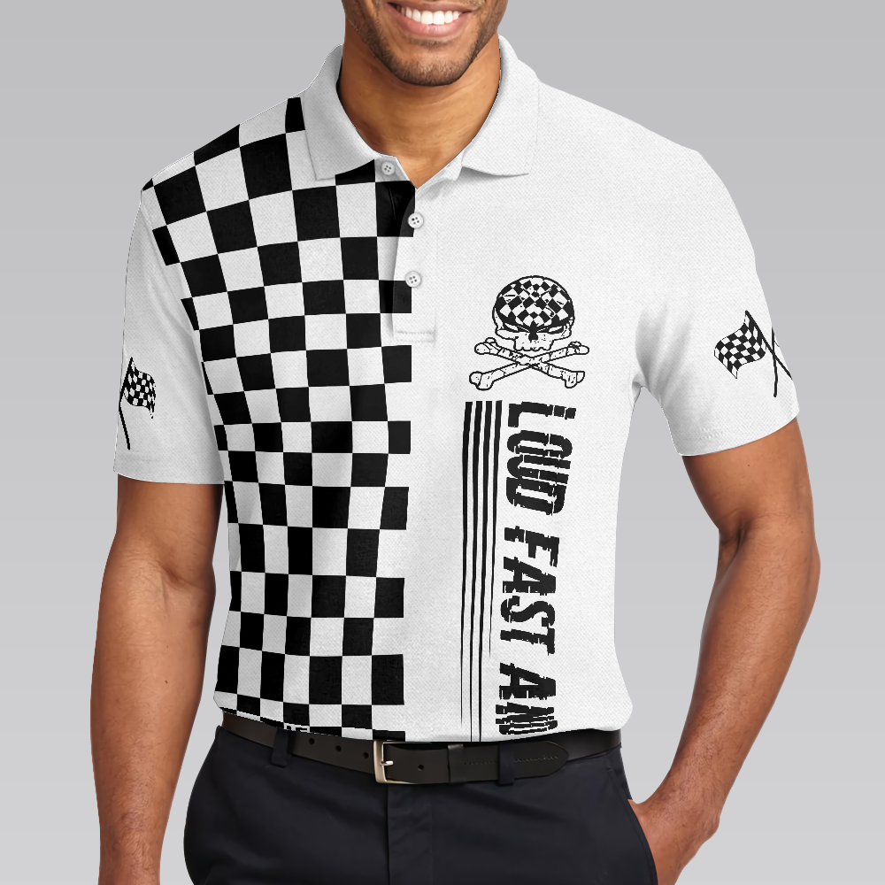 Loud Fast And Dirty Racing Polo Shirt, Black And White Checker Pattern Skull Polo Shirt, Best Racing Shirt For Men - Hyperfavor