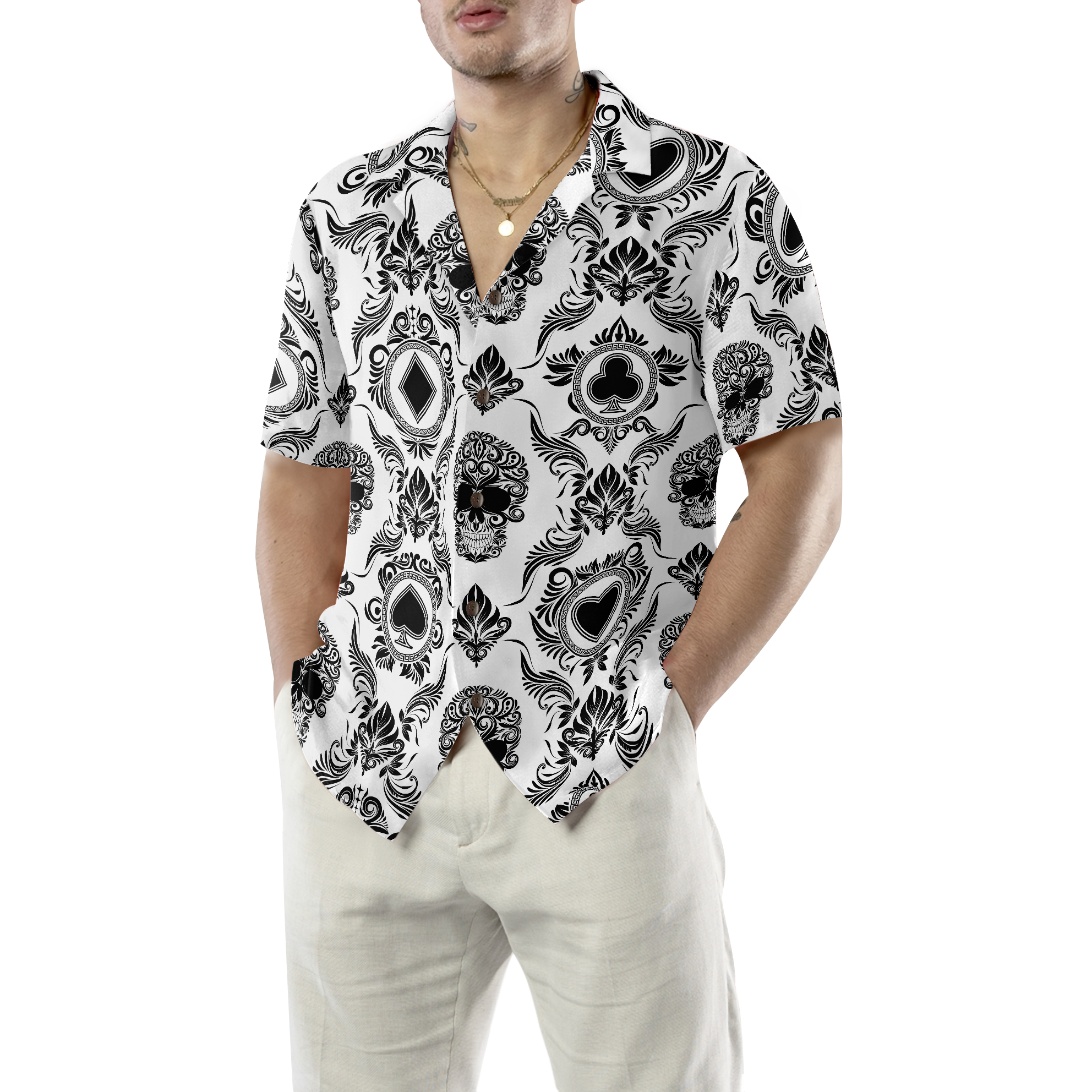 Casino And Black Skull Pattern Hawaiian Shirt - Hyperfavor