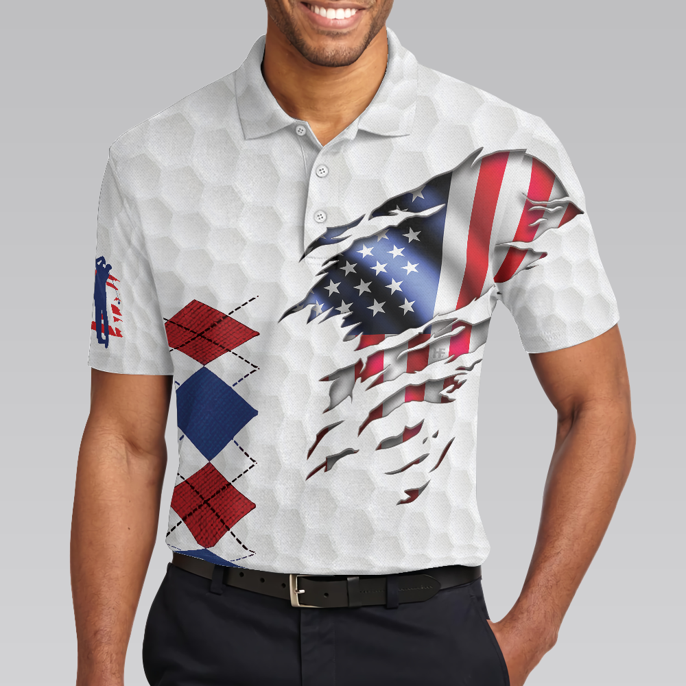 Golf American Flag Argyle Polo Shirt, White Golf Texture American Flag Polo Shirt, Patriotic Golf Shirt For Men - Hyperfavor