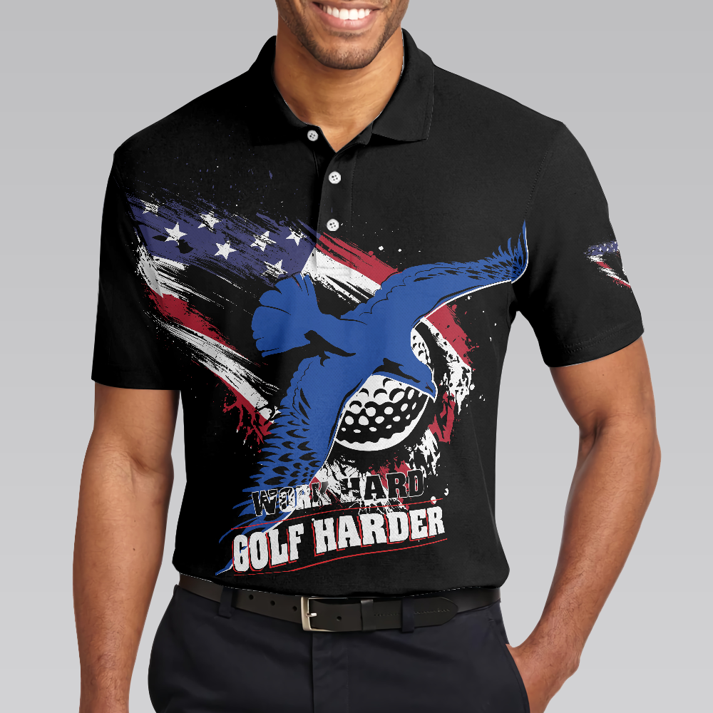 Work hard Golf harder Albatross American Flag Polo Shirt, Golf Shirt For Men, Gift For Golfers - Hyperfavor