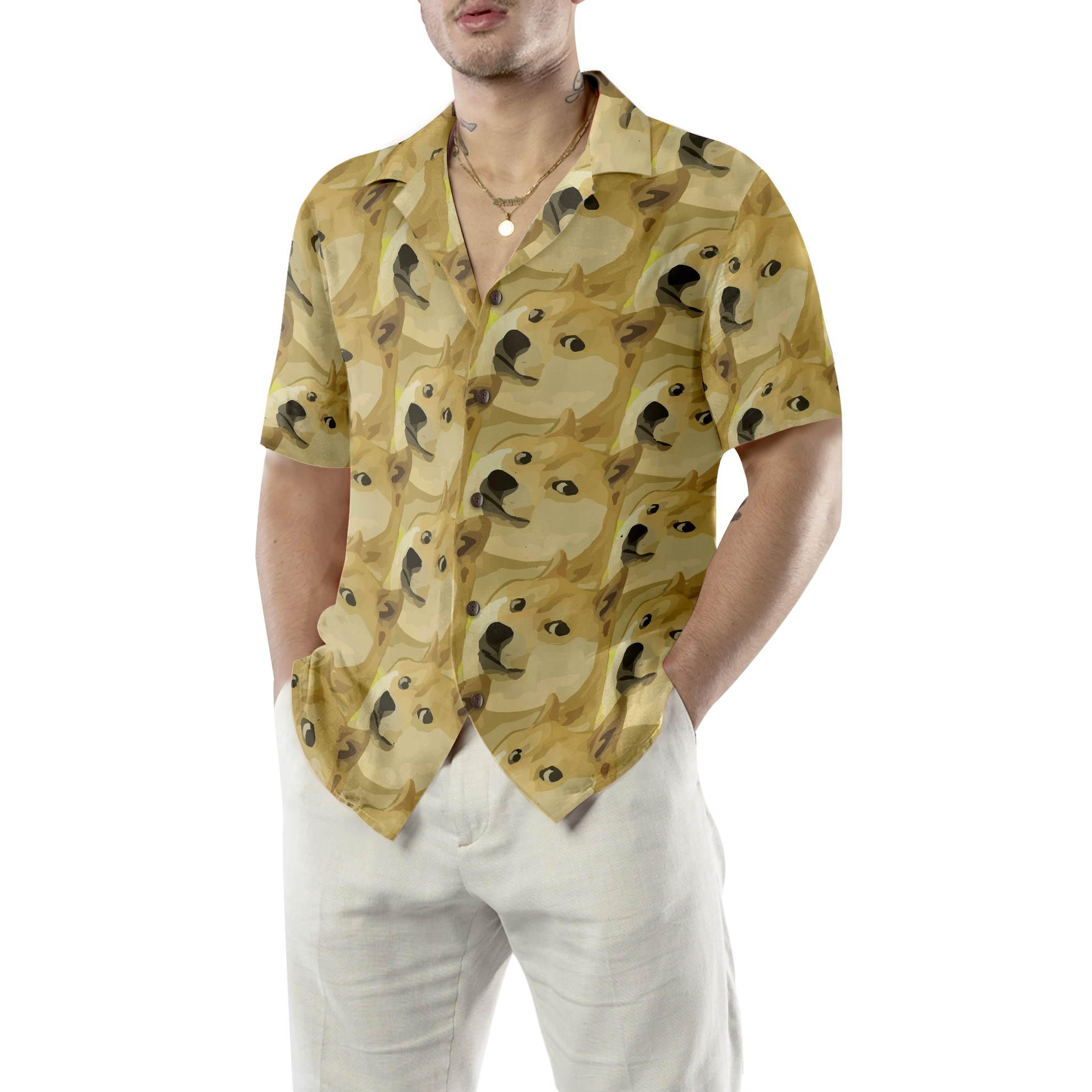 Full Face Doge Pattern Dogecoin Hawaiian Shirt - Hyperfavor