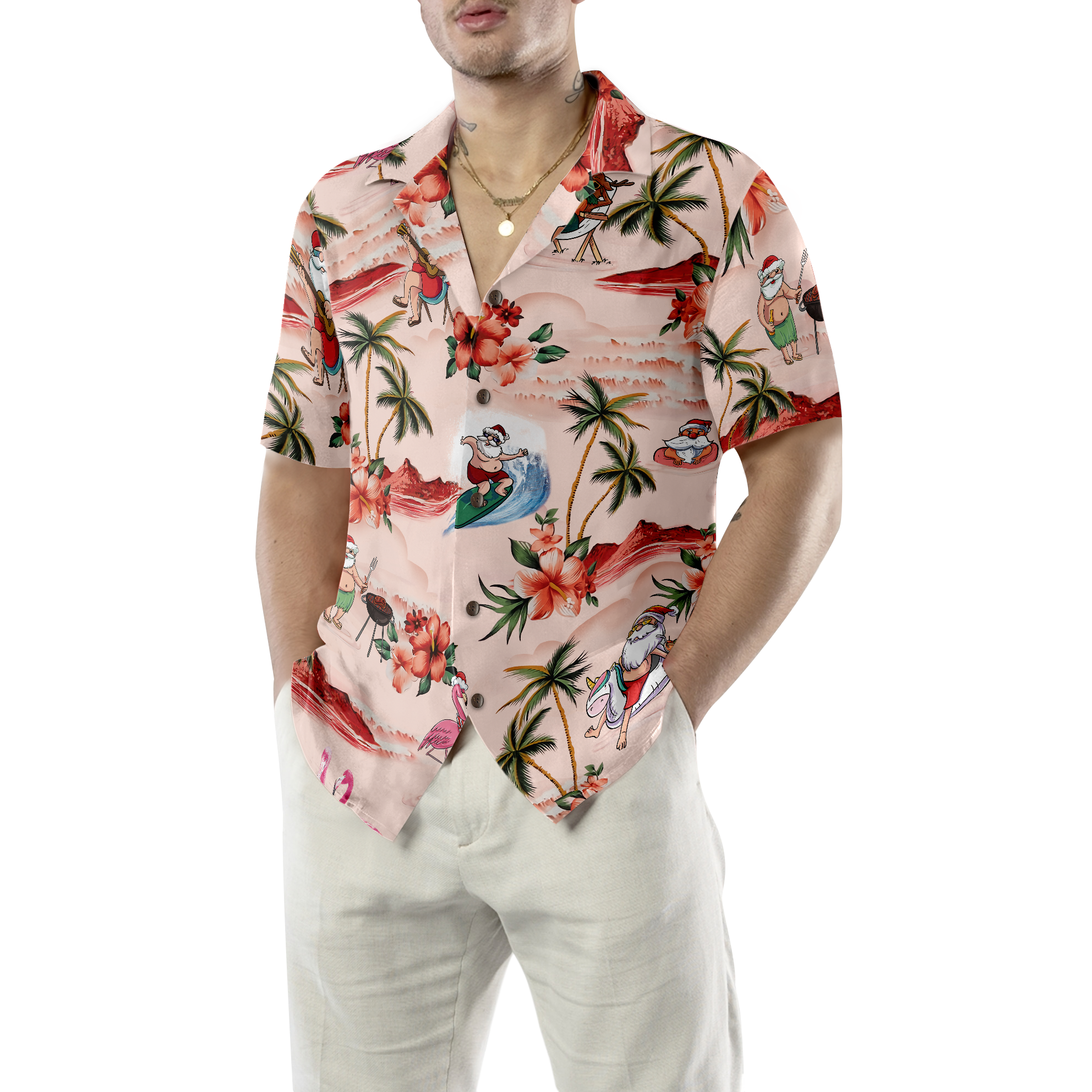 Hyperfavor Christmas Hawaiian Shirts For Men and Women, Santa Beach Christmas Pattern Hawaiian Shirt Button Down Shirt Short Sleeve - Hyperfavor