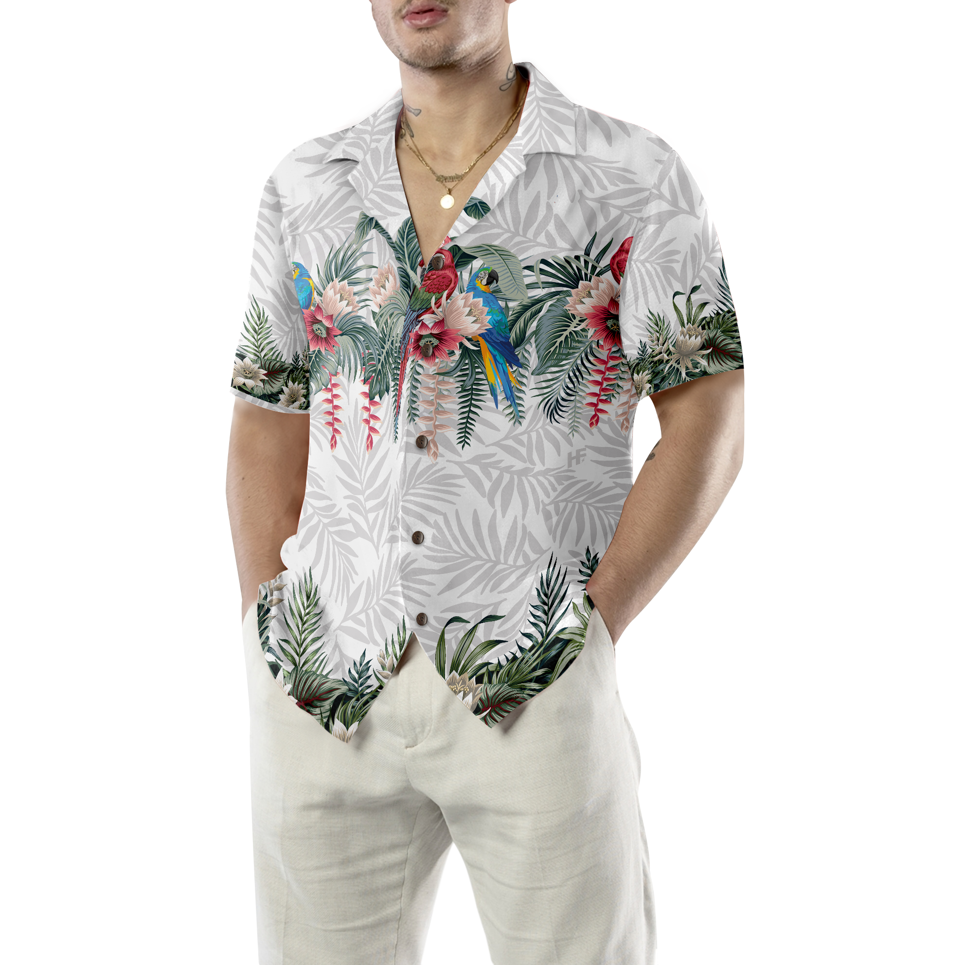 Vintage Botanical Lotus And Macaw Parrot Hawaiian Shirt - Hyperfavor