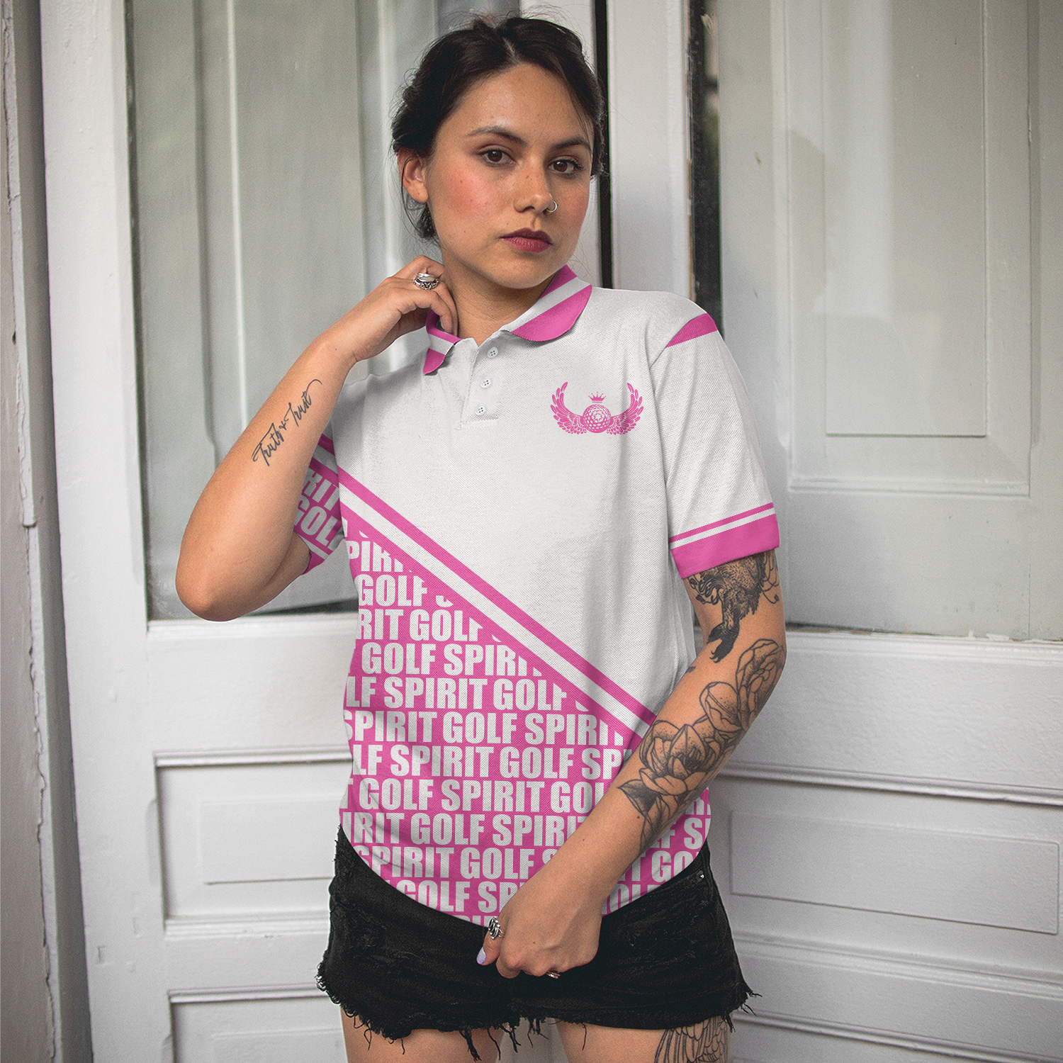 Golf Spirit In Pink Golf Short Sleeve Women Polo Shirt, White And Pink Golf Shirt For Ladies, Unique Female Golf Gift - Hyperfavor