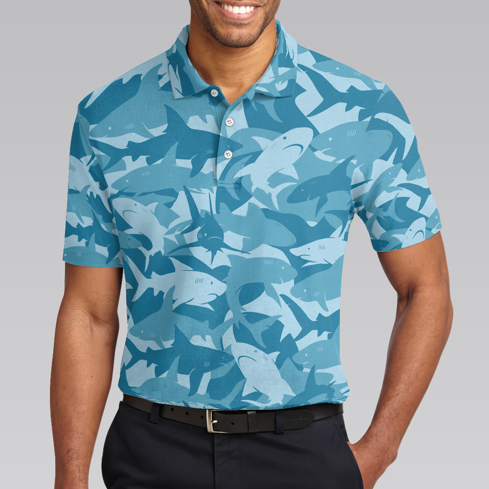 Camouflage Ocean Shark Pattern Short Sleeve Polo Shirt, Camo Aqua Polo Shirt, Best Shark Shirt For Men - Hyperfavor