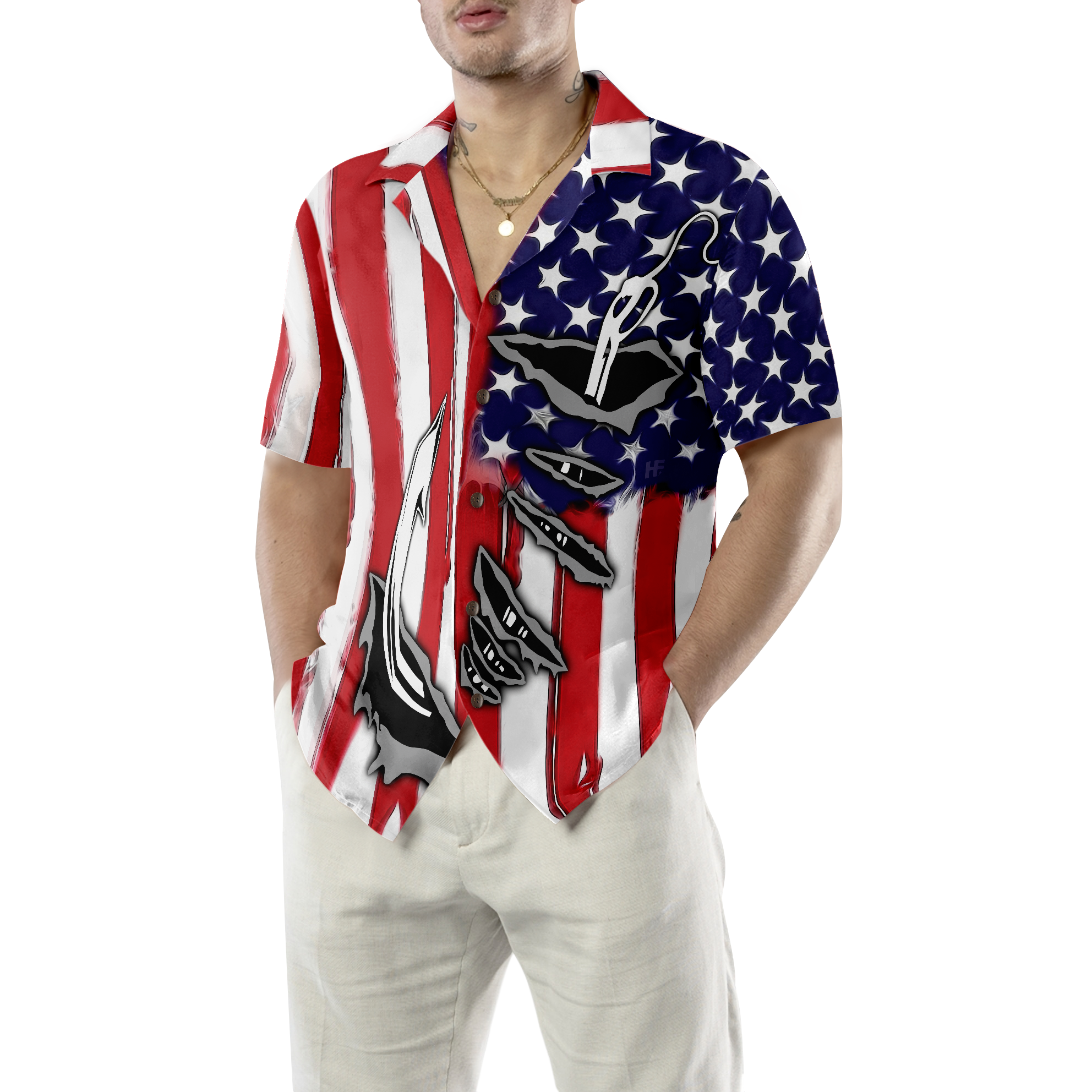 Fish Hook American Flag Hawaiian Shirt - Hyperfavor